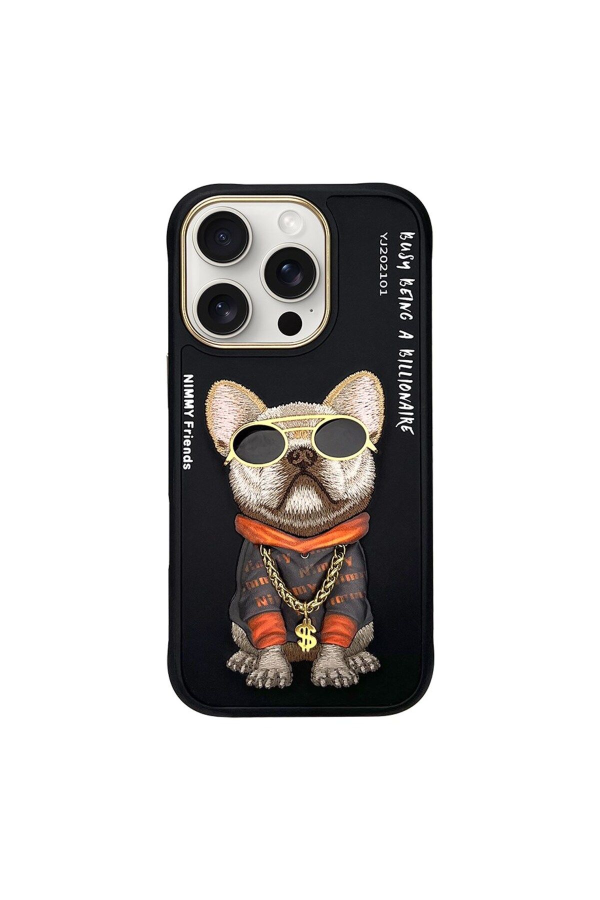 Nimmy iPhone 16 Pro Uyumlu 3D Gözlük Zincir Köpek Detaylı Nakış İşlemeli Kabartmalı Cool Glasses Kılıf