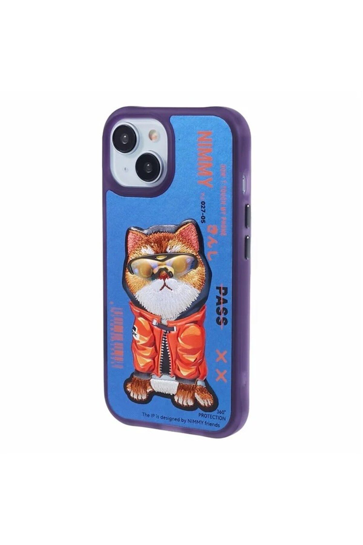 Nimmy iPhone 15 Uyumlu 3D Gözlük Mont Kedi Detaylı Nakış İşlemeli Kabartmalı Dazzle Kılıf