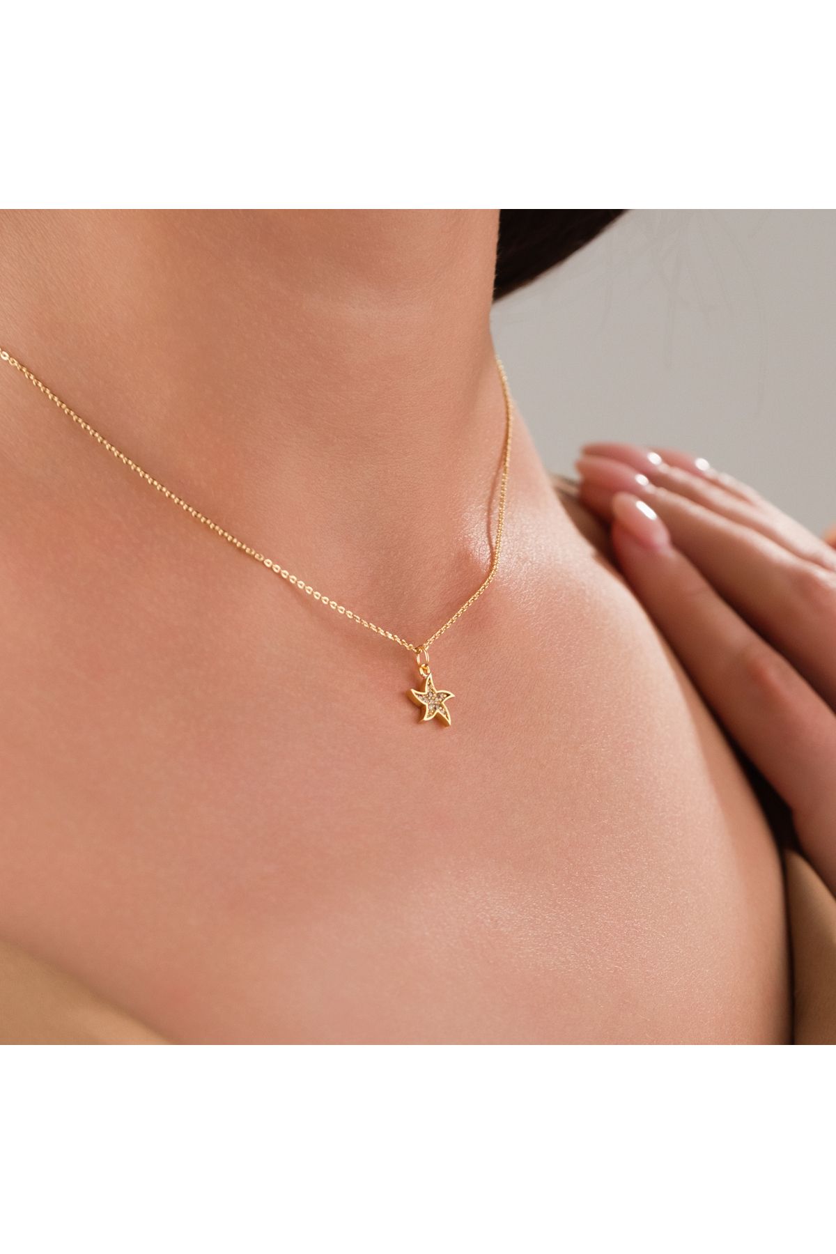 HOBİSY GIFT SHOP Minimal Tasarım Zirkon Taşlı Deniz Yıldızı Çelik Kolye–Kararmaz, Şık ve Zarif Tasarım -Altın Kaplama