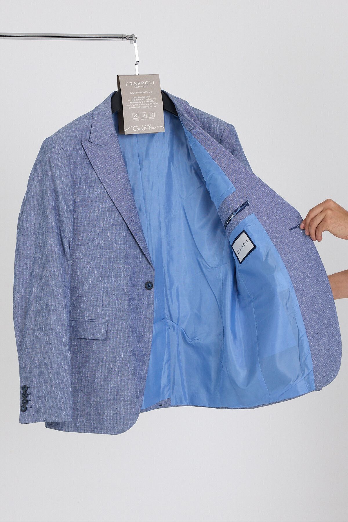 Frappoli Restore Erkek Açık Lacivert-Gri Likralı Pamuklu Slim Fit Spor Sivri Yaka Blazer Ceket