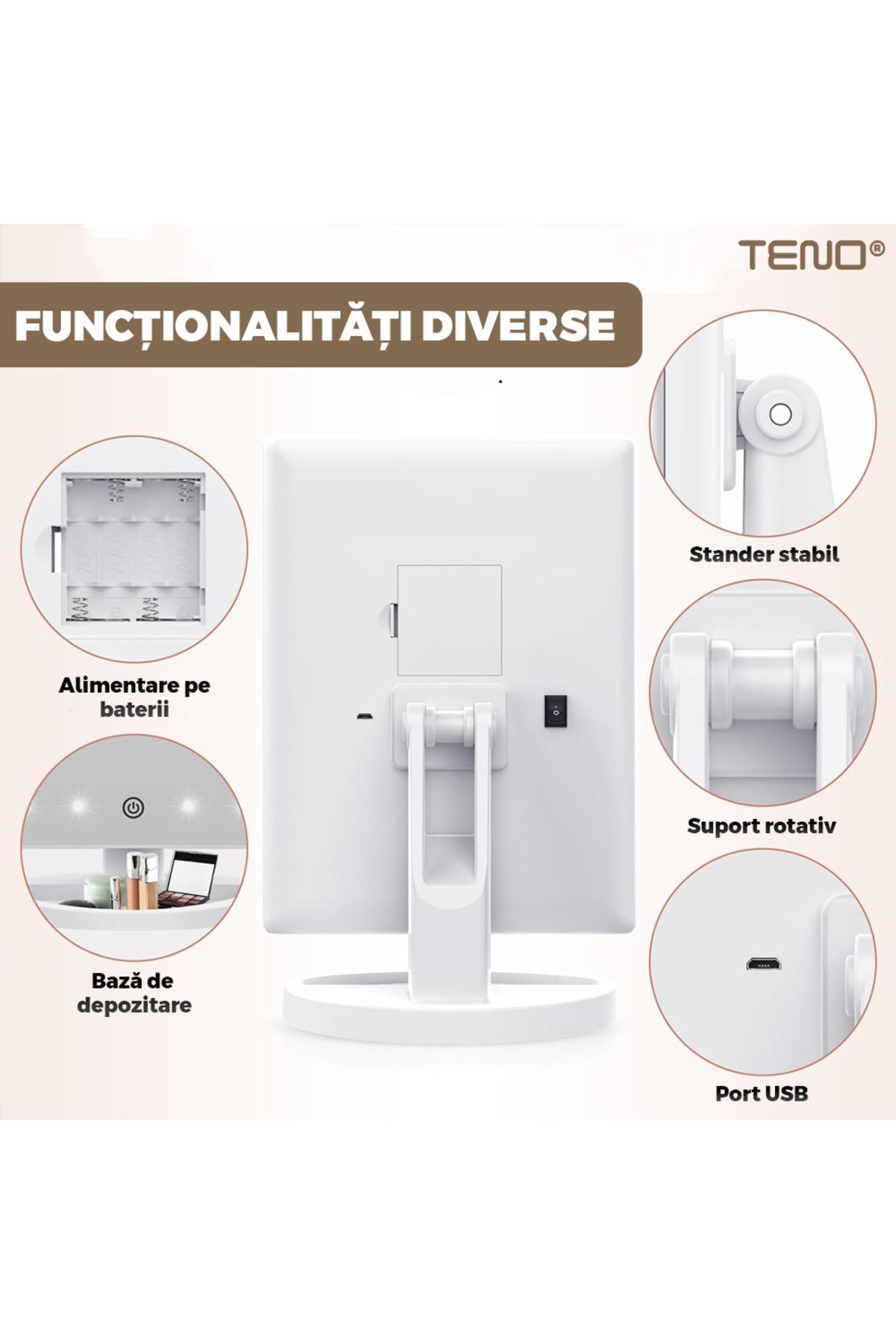 Teno-Teno® Cosmetic Makeup Mirror, 4 magnification modes, makeup stand, white 6