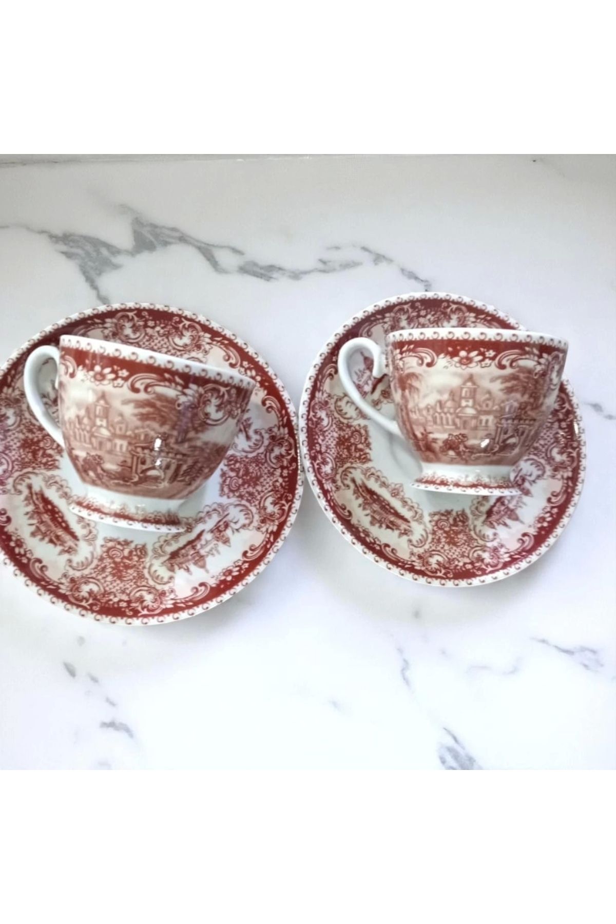 Zuccara Maison Kırmızı Manzara Desenli Vintage Kahve Fincanı Takımı – 12 Parça / 6 Kişilik