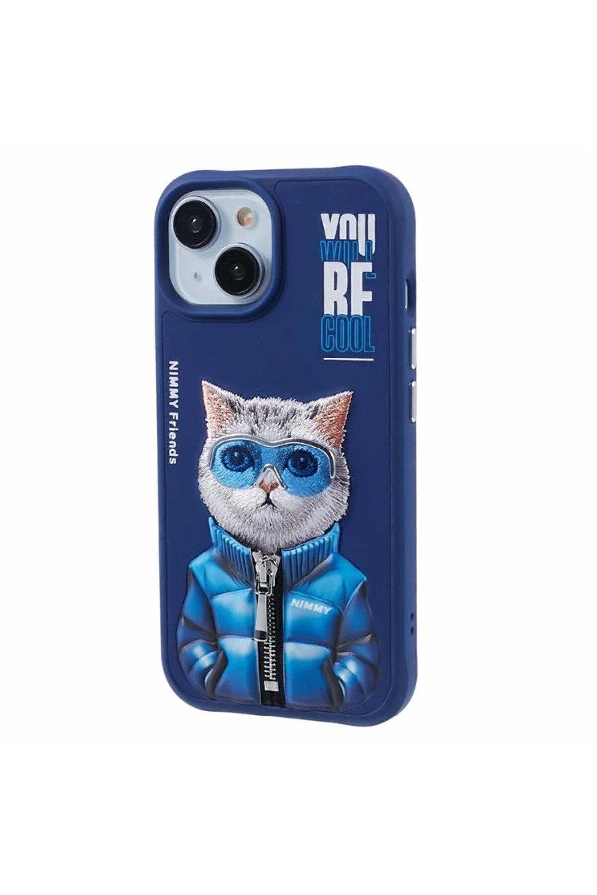 Nimmy iPhone 15 Uyumlu 3D Gözlük Fermuar Kedi Detaylı Nakış İşlemeli Kabartmalı Cool Cute Kılıf