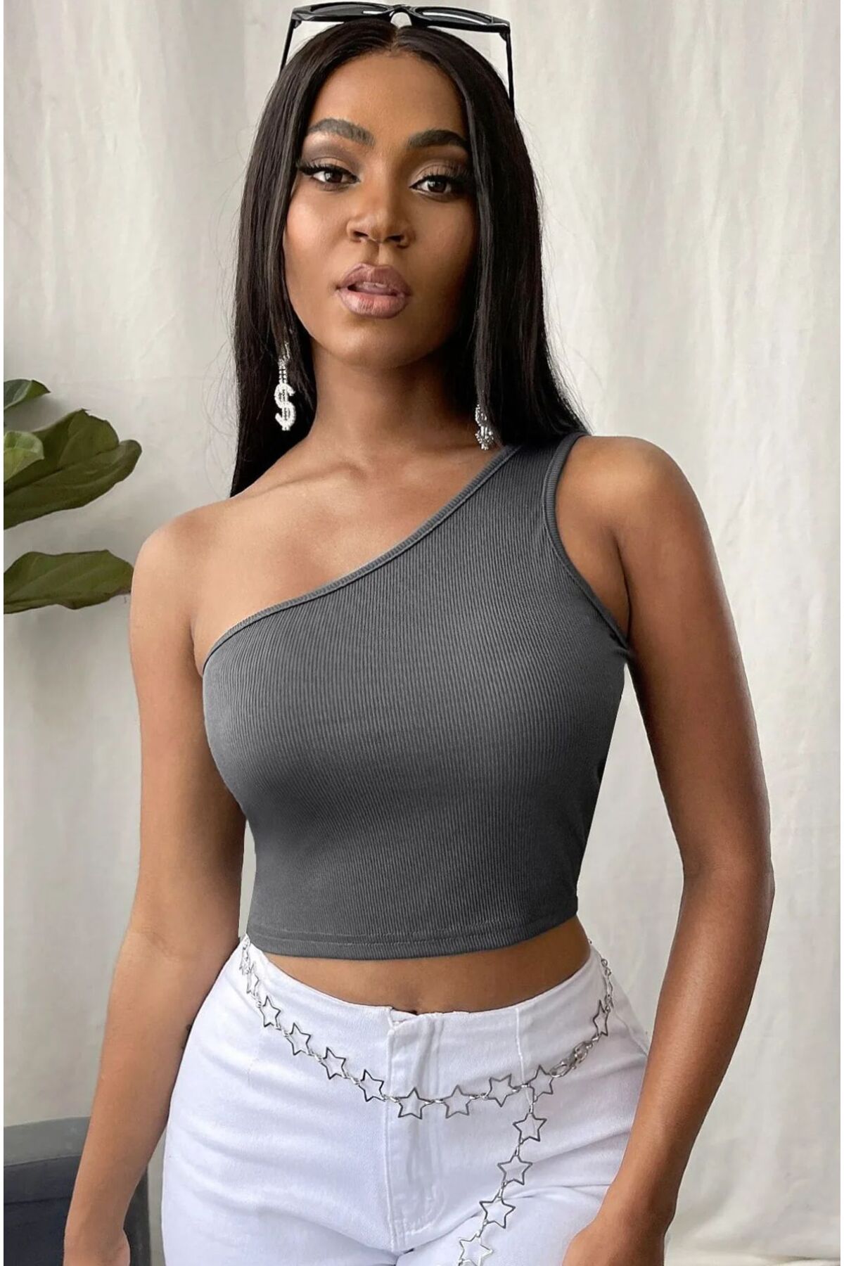 ARONA kadın gri tek omuz crop bluz