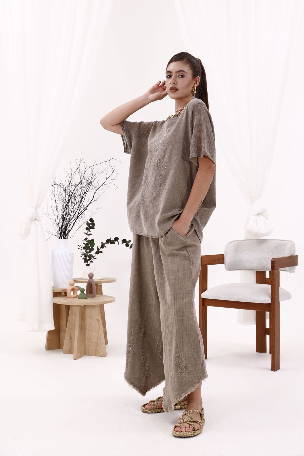 pier moda Kadın Tüy Nakışlı Keten Pantolon - Gri Renk Şalvar-%100 Pamuklu Kumaş.nefes Alan Organik Ürün-Bol