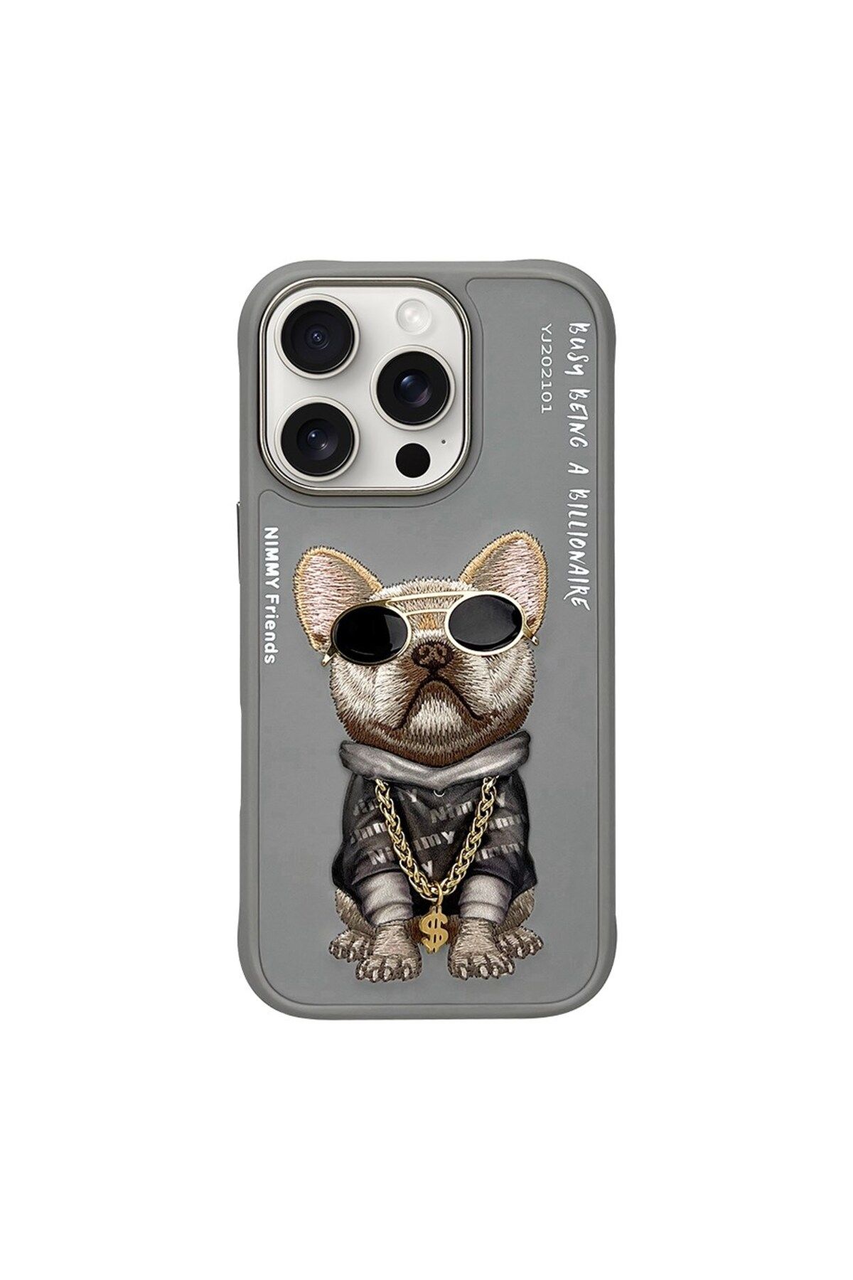 Nimmy iPhone 16 Pro Uyumlu 3D Gözlük Dolar Zincir Köpek Nakış İşlemeli Kabartmalı Cool Glasses Kılıf