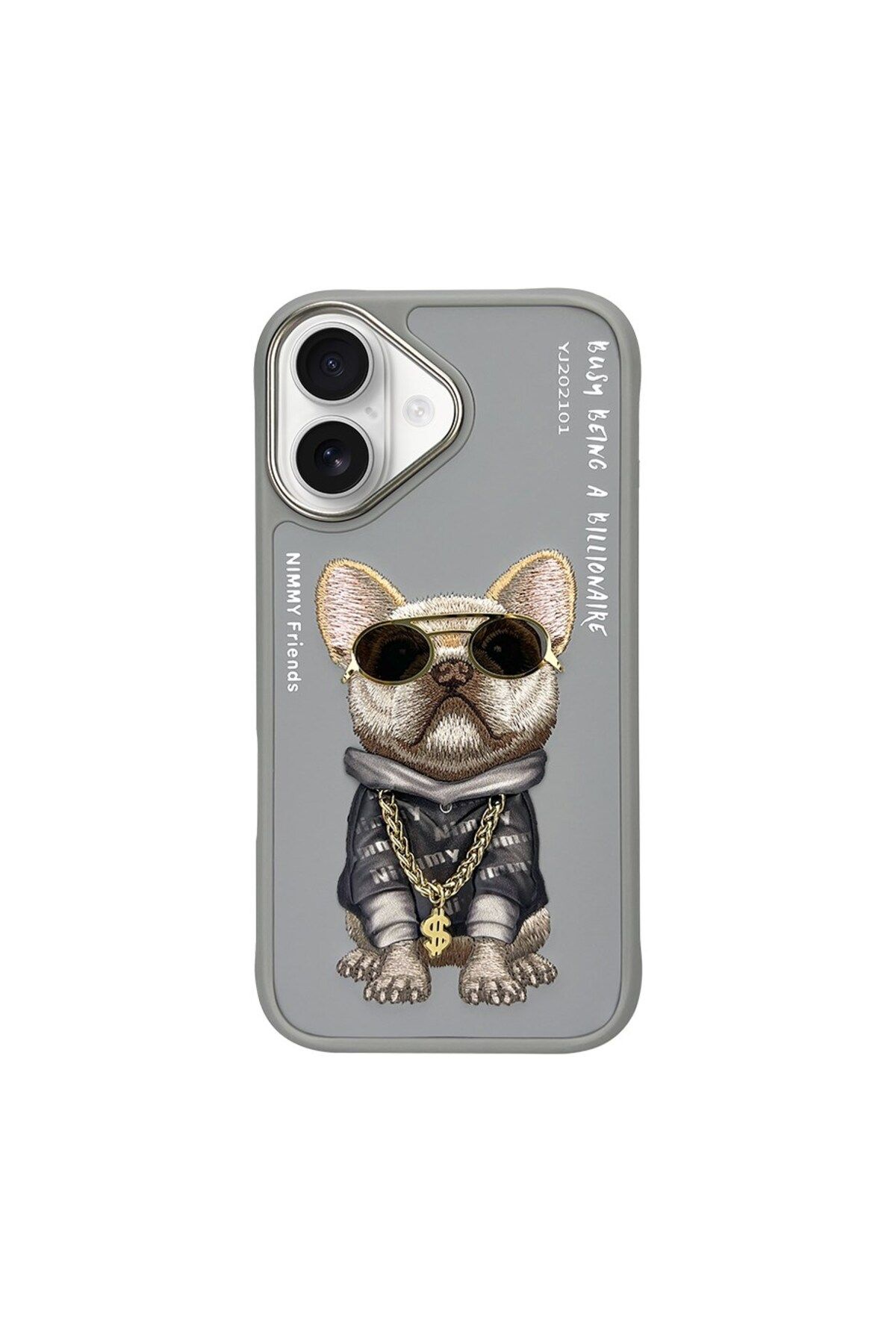 Nimmy iPhone 16 Uyumlu 3D Gözlük Dolar Zincir Köpek Detaylı Nakış İşlemeli Kabartmalı Cool Glasses Kılıf
