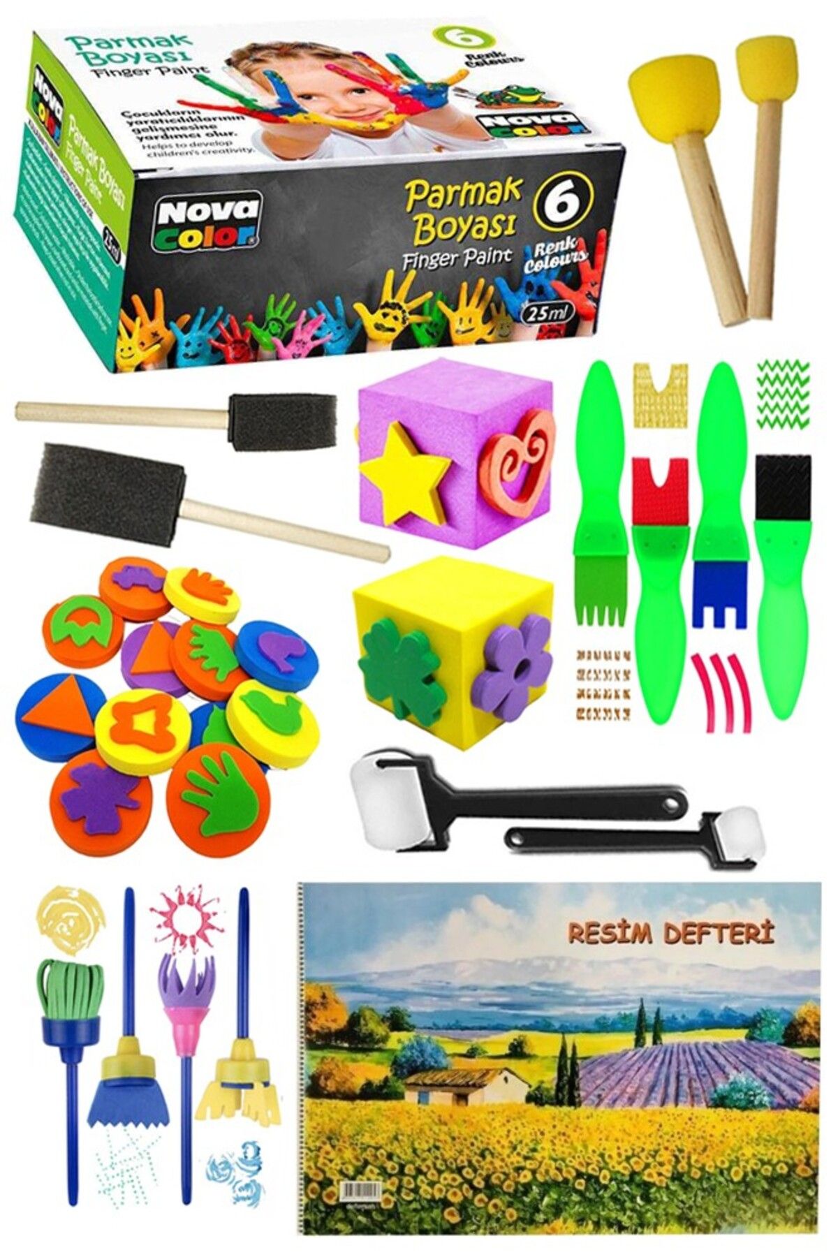 Artlantis Parmak Boyası 6 Renk Nova Color Resim Defteri 25x35 Sünger Eva Baskı Damga Spatula Rulo Kesik Sünger