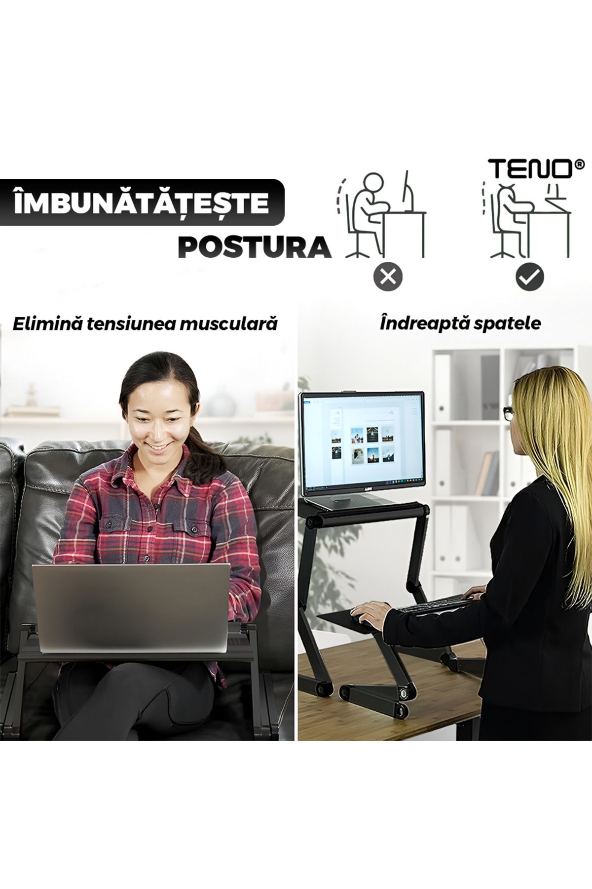 Teno-Masuta pentru Laptop 2 in 1 Teno®, reglabila pe inaltime, multifunctionala, 42 x 26 cm, negru 4