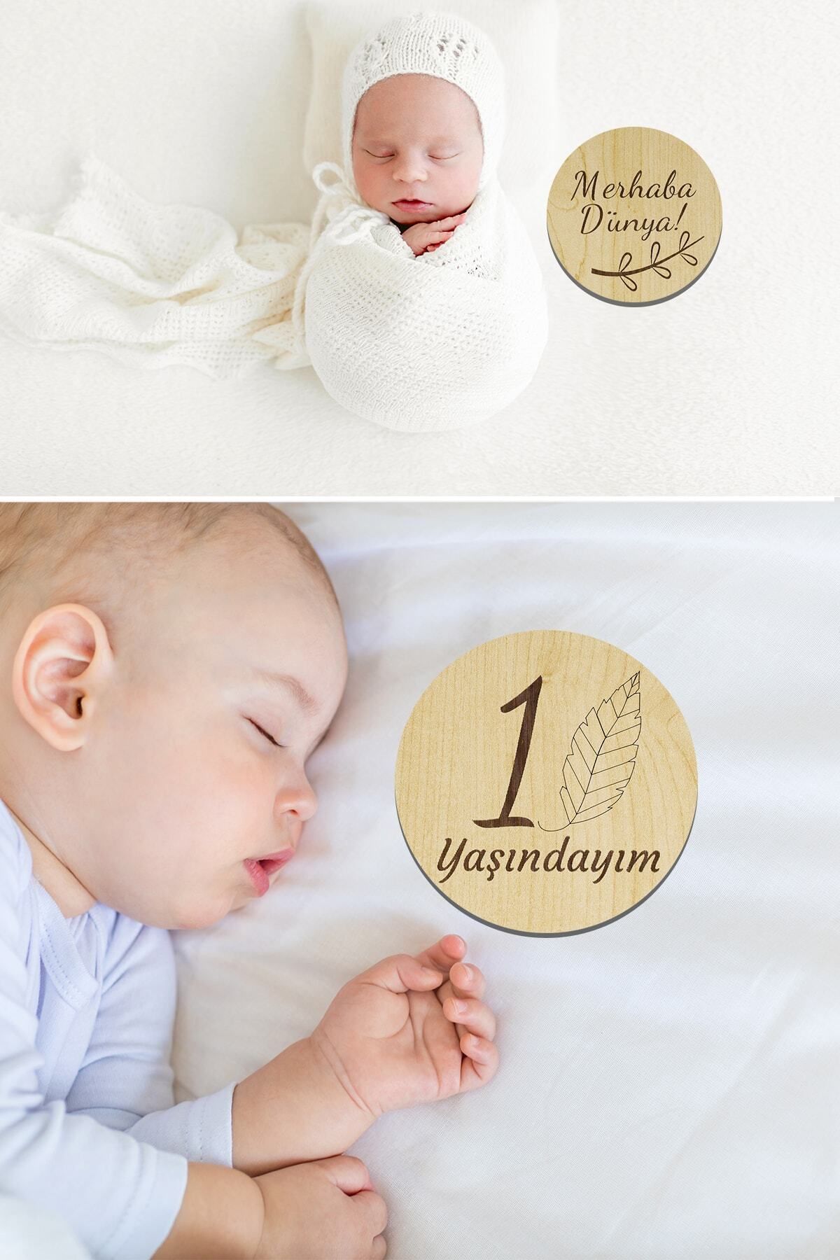 Aoz atölye 12 Aylık Ahşap Plak Seti Bebek Aylık Fotoğraf Kartları Bebek Hediyelik Hatıra Kartı