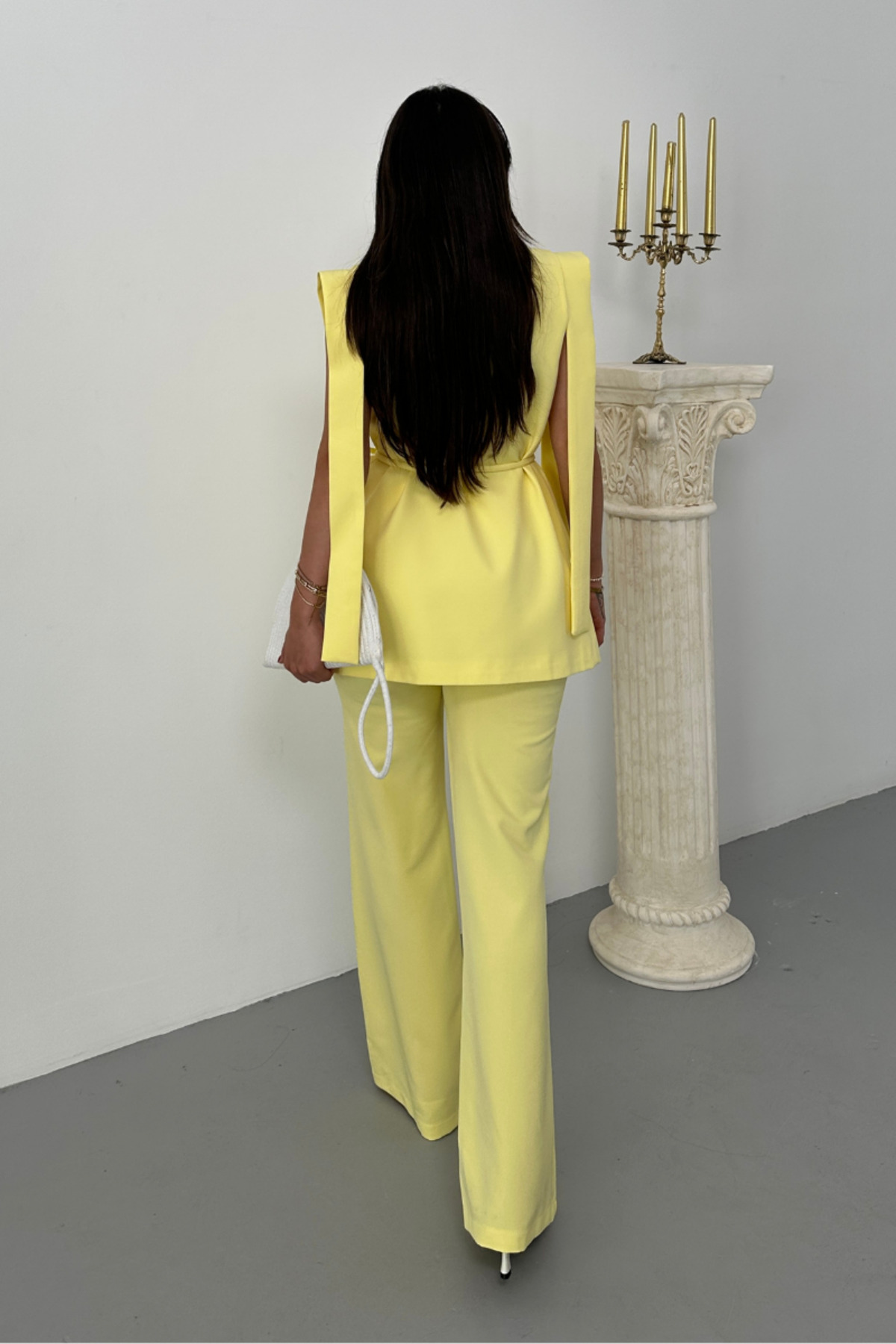 spirituel-Women's Top and Bottom Double Suit Shoulder Detailed Belted Vest Pants Suit 8