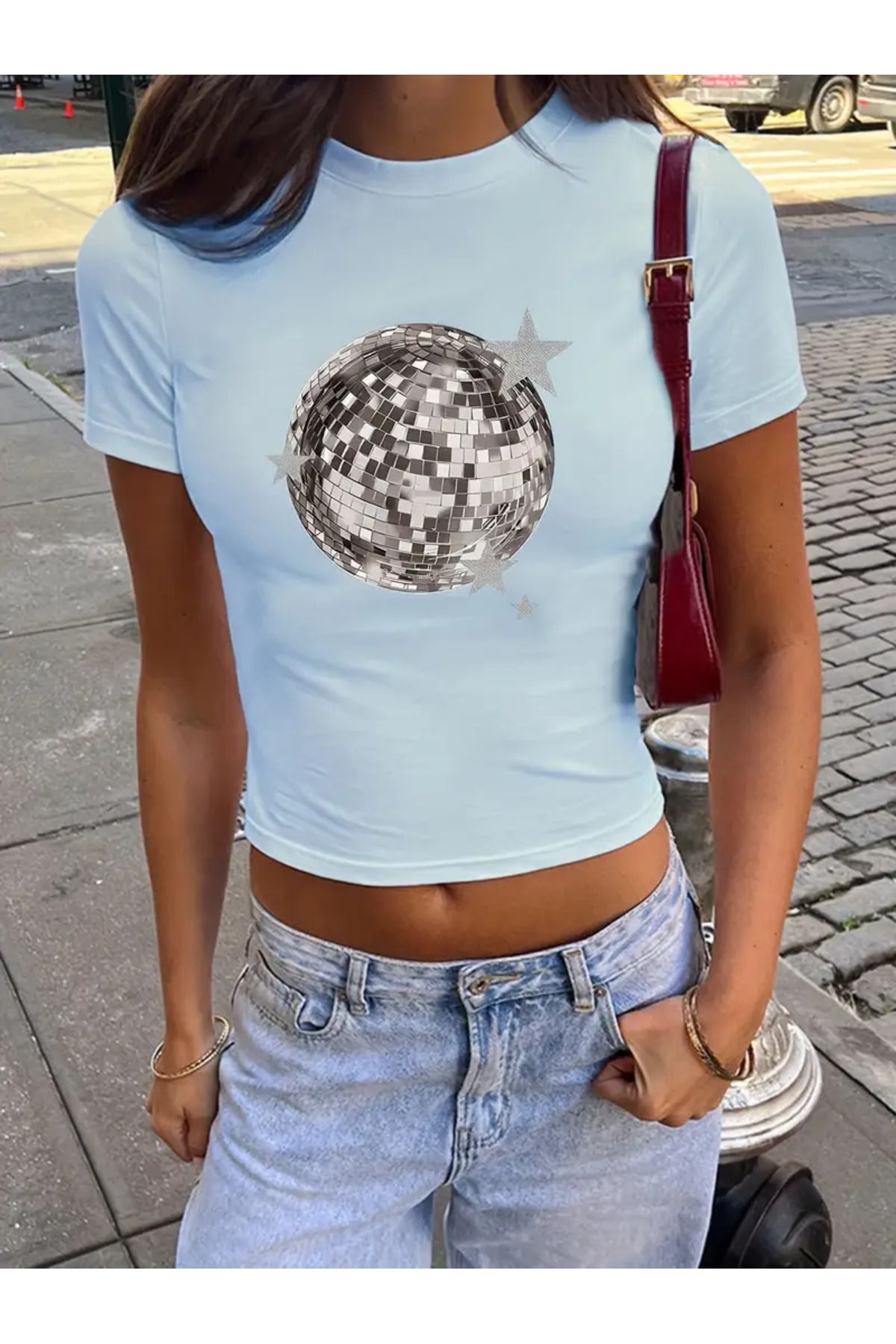 JANSO GROUP -KADIN CROP TSHIRT Disko Topu BASKILI PAMUKLU KUMAŞ