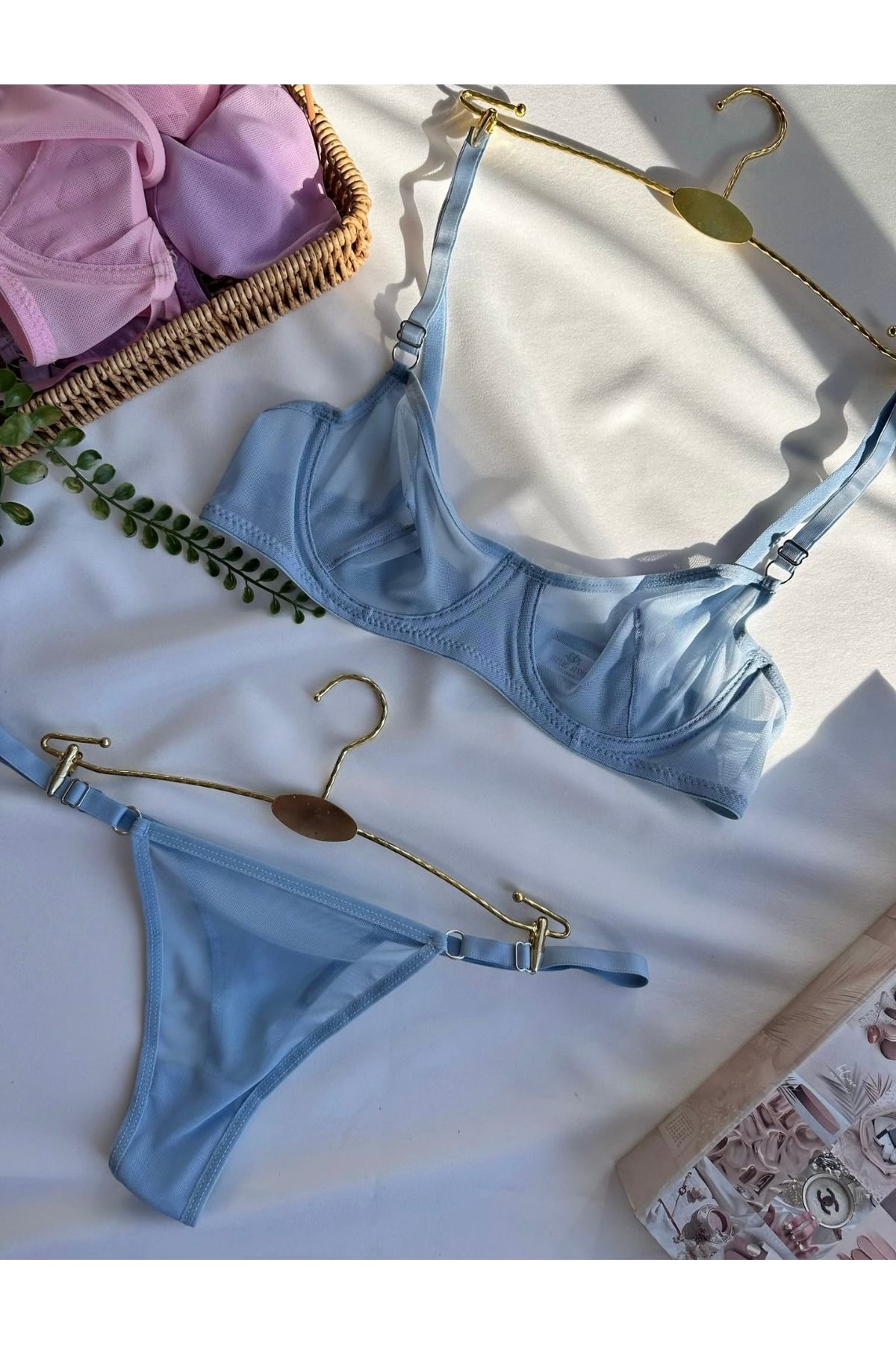 Gizliz Kadın MAVİ Düz Tül Soft Balensiz Sütyen Tanga Takımı