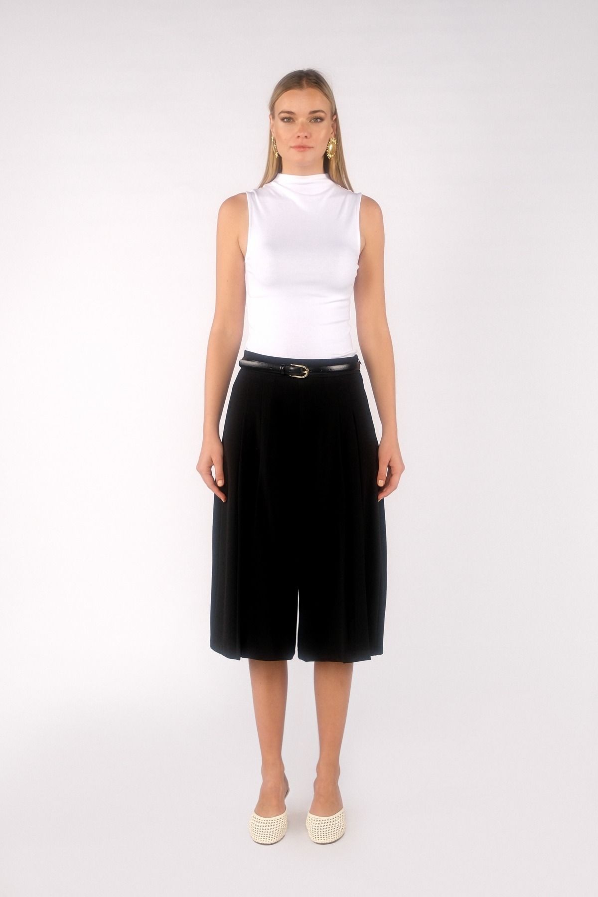 GLENDA Siyah Pile detaylı Bol kesim Midi Pantolon - 42