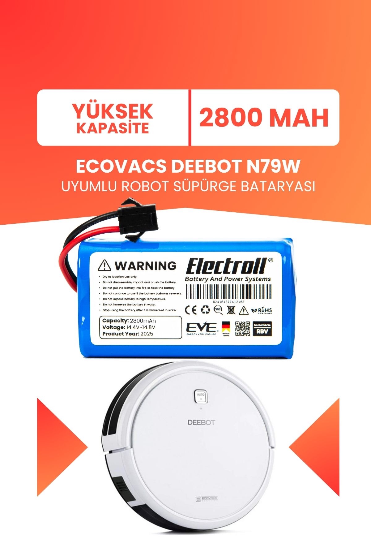 ELECTROLL Ecovacs Deebot N79w Uyumlu Batarya (YÜKSEK KAPASİTE) 2800mah Robot Süpürge Bataryası