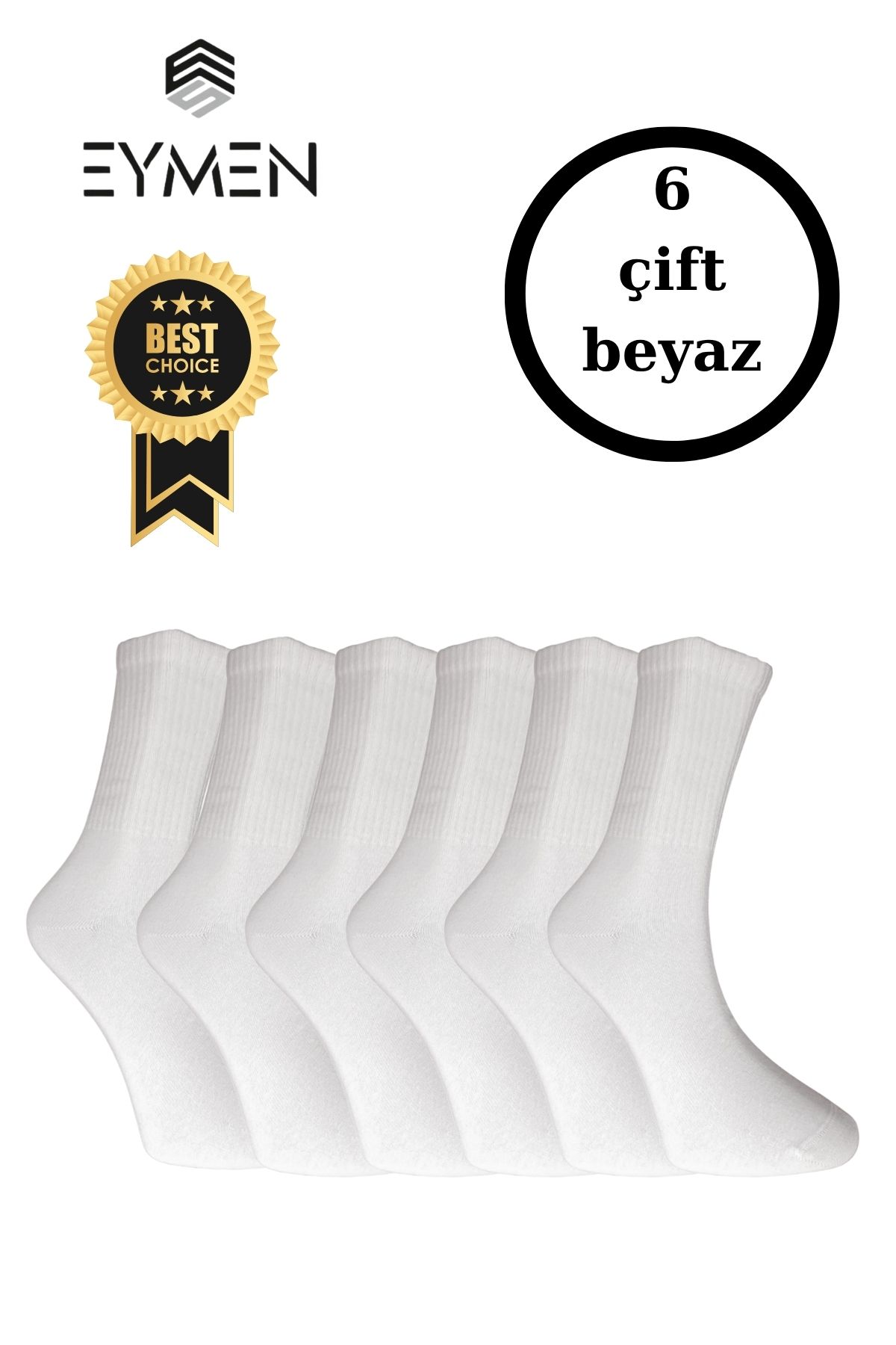Eymen Socks 6'lı Paket Unisex Kolej & Tenis Çorabı Düz Renk Beyaz | Pamuklu Uzun (KADIN & ERKEK)