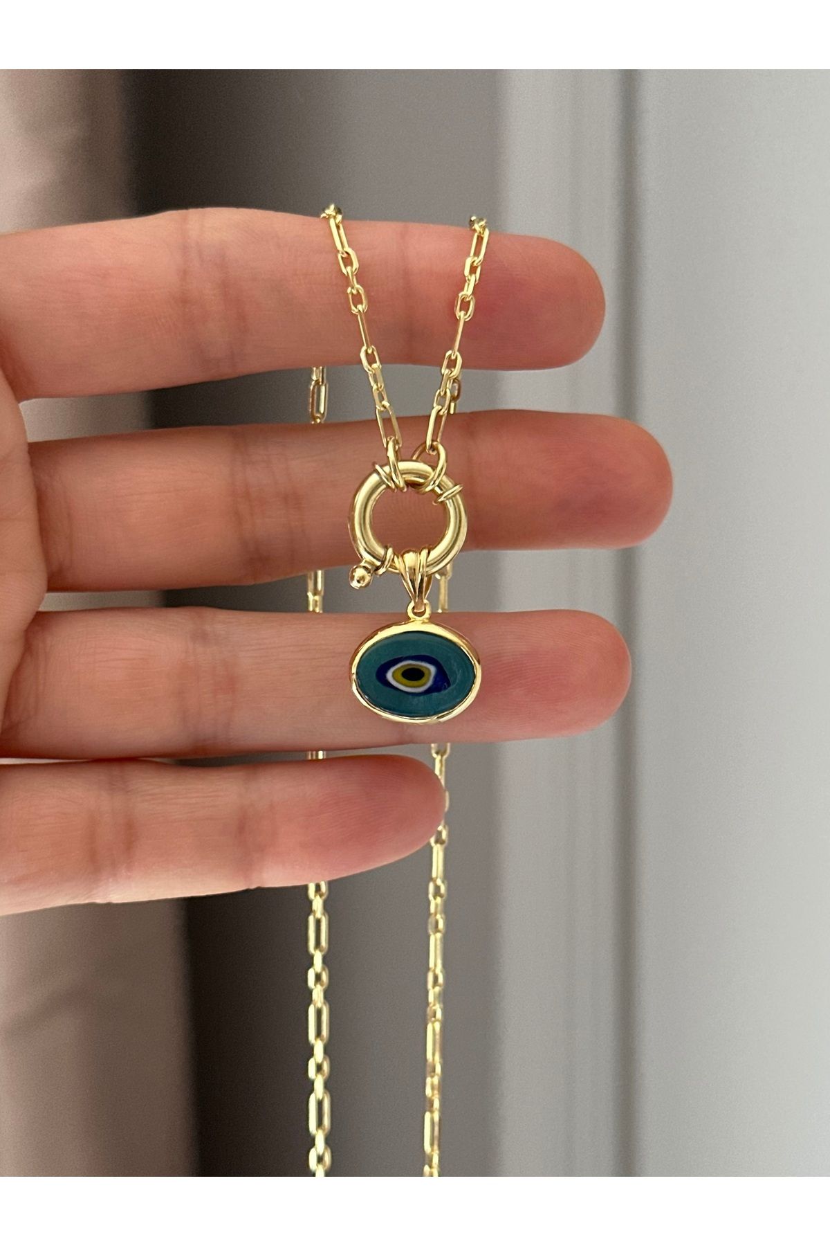 emy by emel luxury silver jewelry Altın Kaplama Gemici Kilitli Cam Nazar Boncuklu Kolye 925 Ayar Gümüş