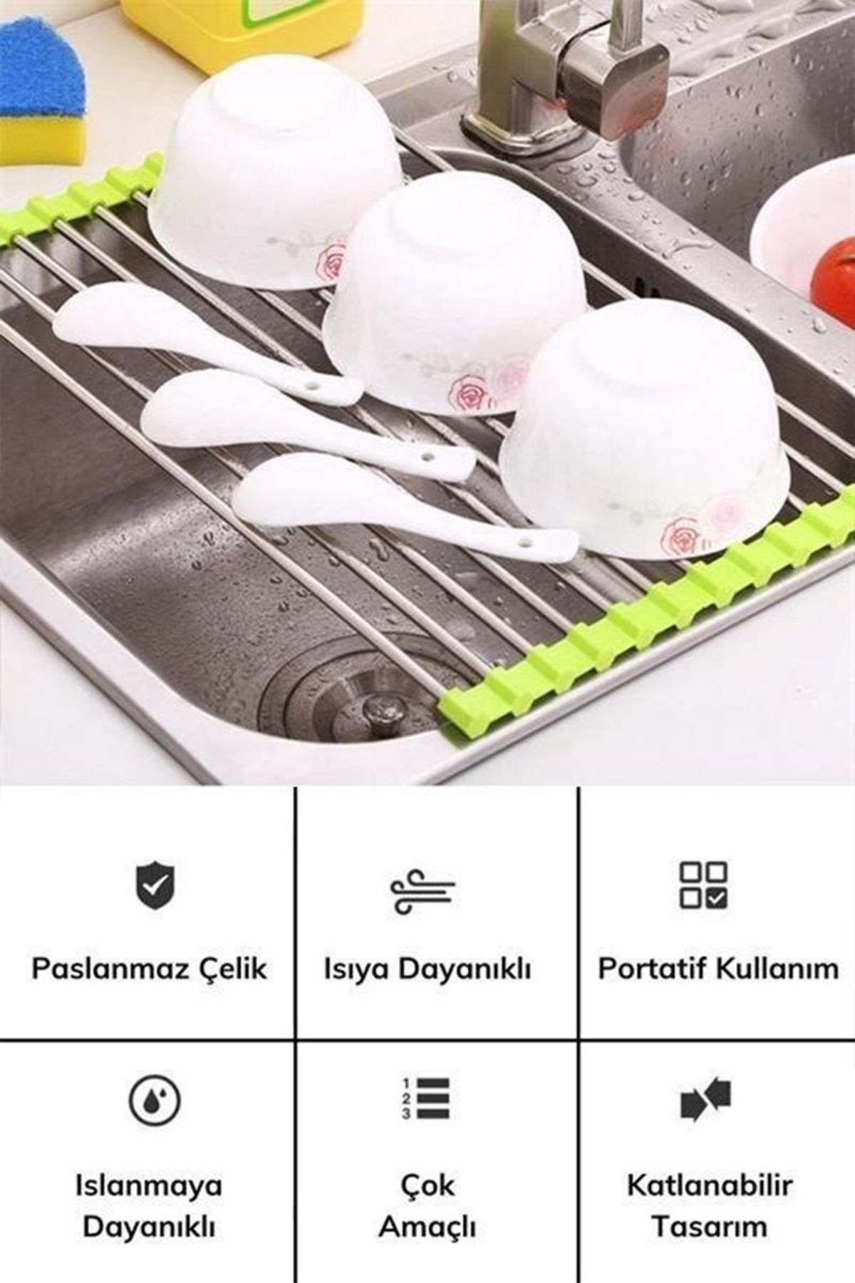 Gülsüm Aydın Evye Üstü Katlanır Nihale Paslanmaz Çelik Pratik Sebze Meyve Bulaşık Kurutma Süzgeci 47*23 cm