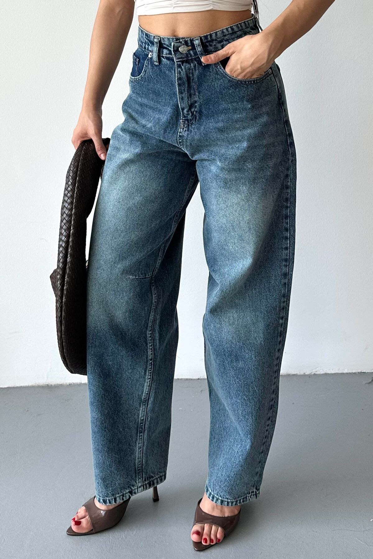 TOFİSA Tokalı Baggy Kot Pantolon Yeşil Tint Yikama - 27297