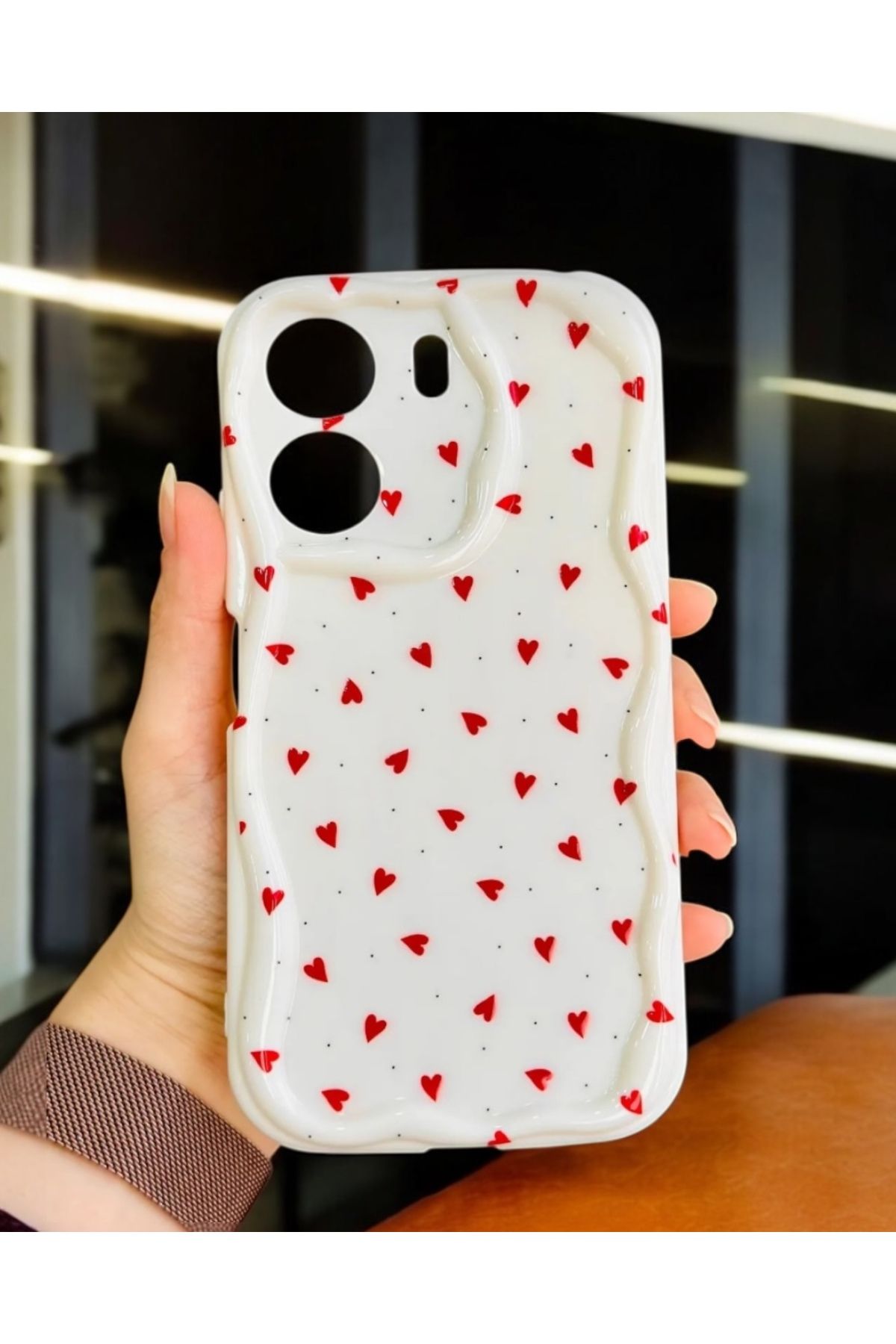 KILIF HOUSE Xiaomi Redmi 13C Uyumlu Dalgalı Kırmızı Kalpler Desenli Kılıf