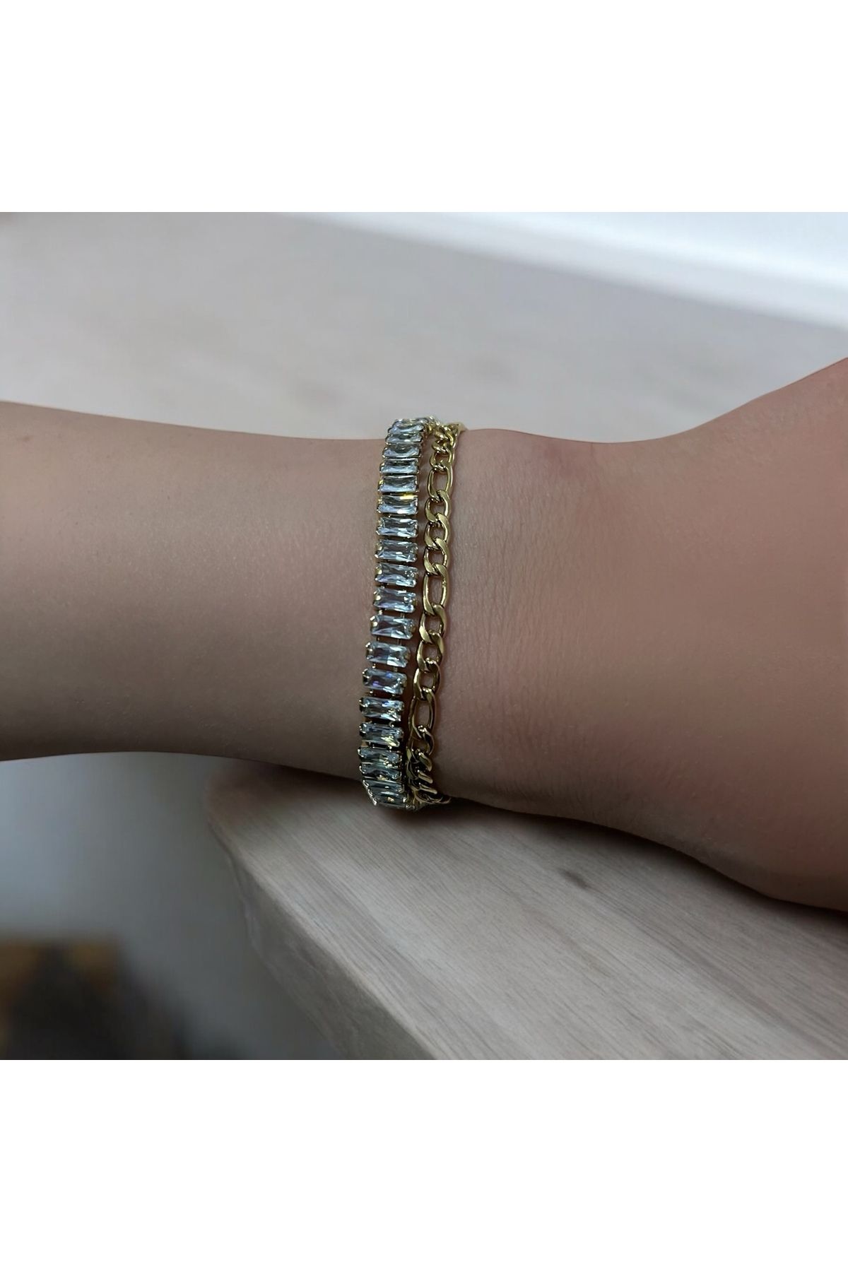 HNG JEWELRY BAGET SU YOLU ZİNCİR İKİLİ KOMBİN BİLEKLİK GOLD RENK