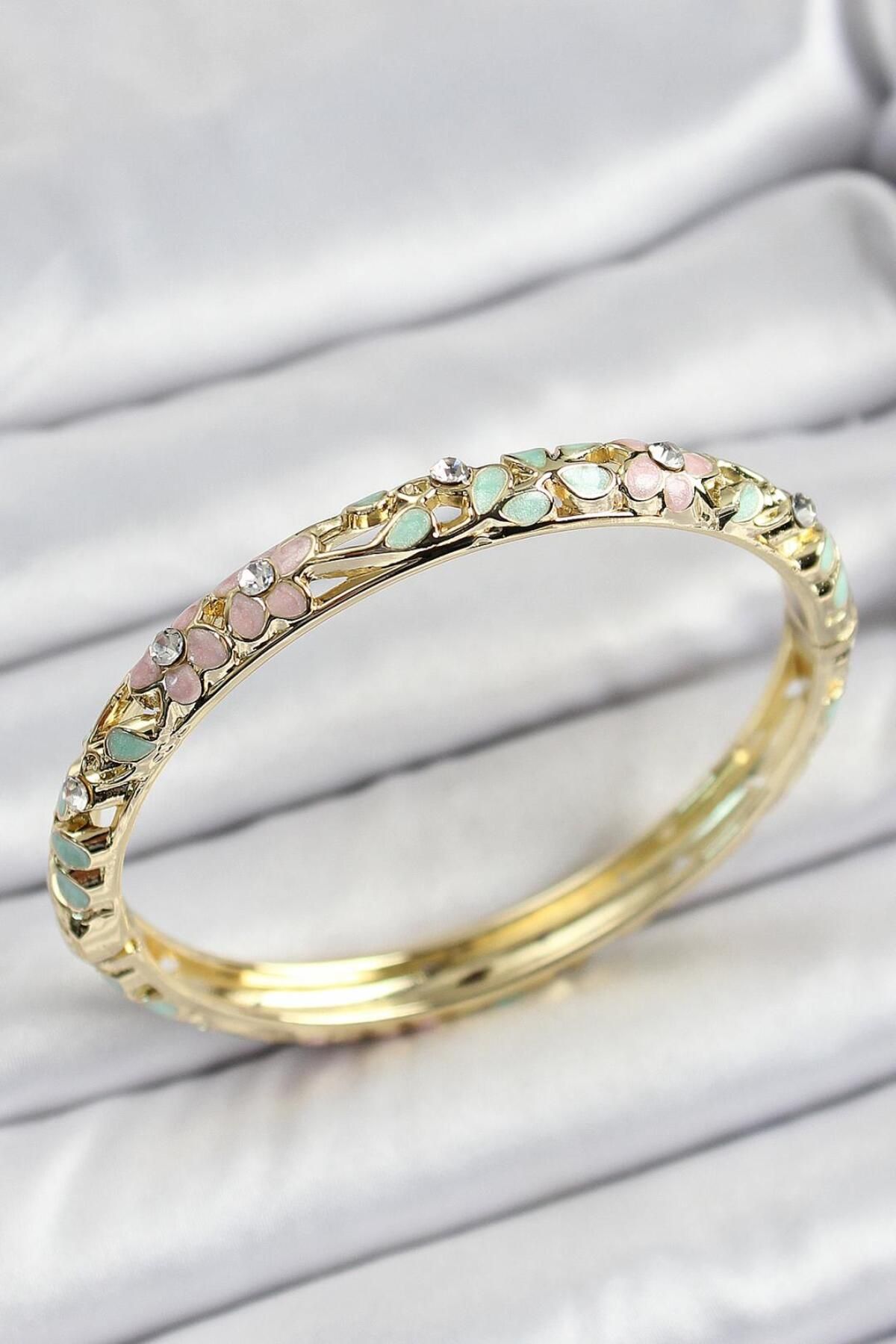 MOONJEWELLERY Mineli Pembe Yeşil Çiçekli Kelepçe