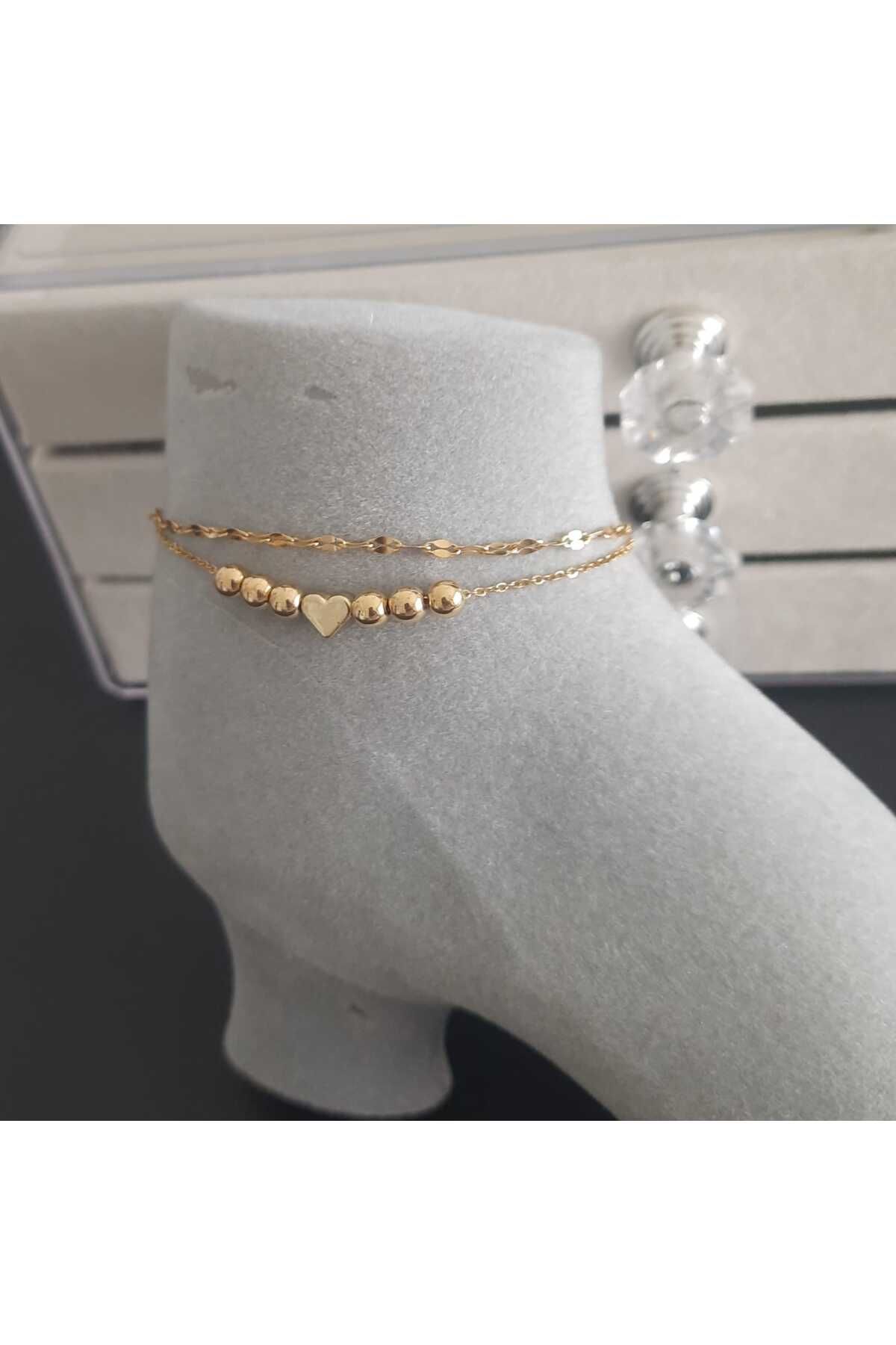 Betül Çekiç Çelik Gold Renk 2 Sıra Kalp Detay Kadın Halhal