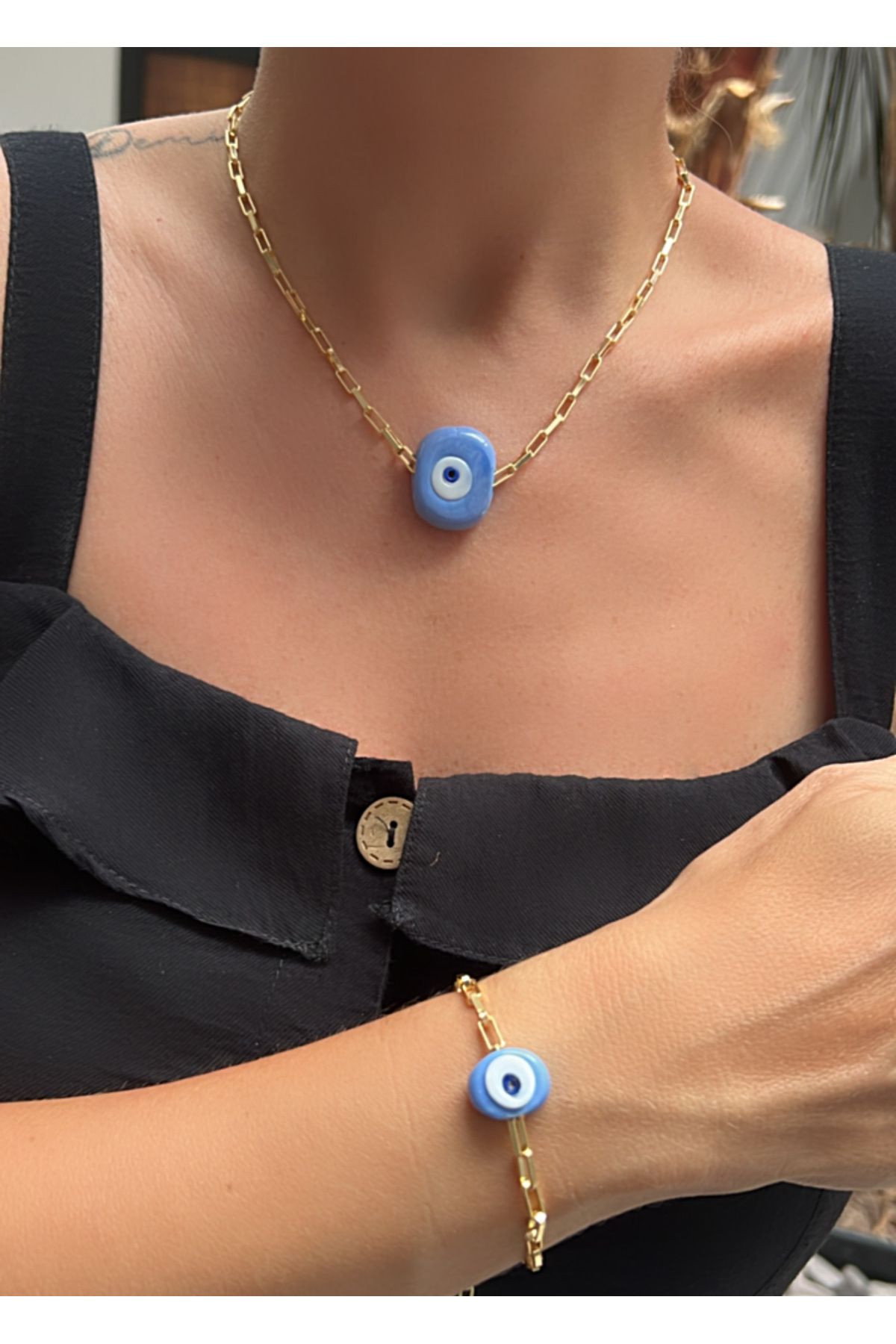 Kutcha Accessories Nazar Boncuğu Kolye Bileklik Takımı Kadın – Altın Kaplama Zincirli Takı Seti (Renk Seçenekli)
