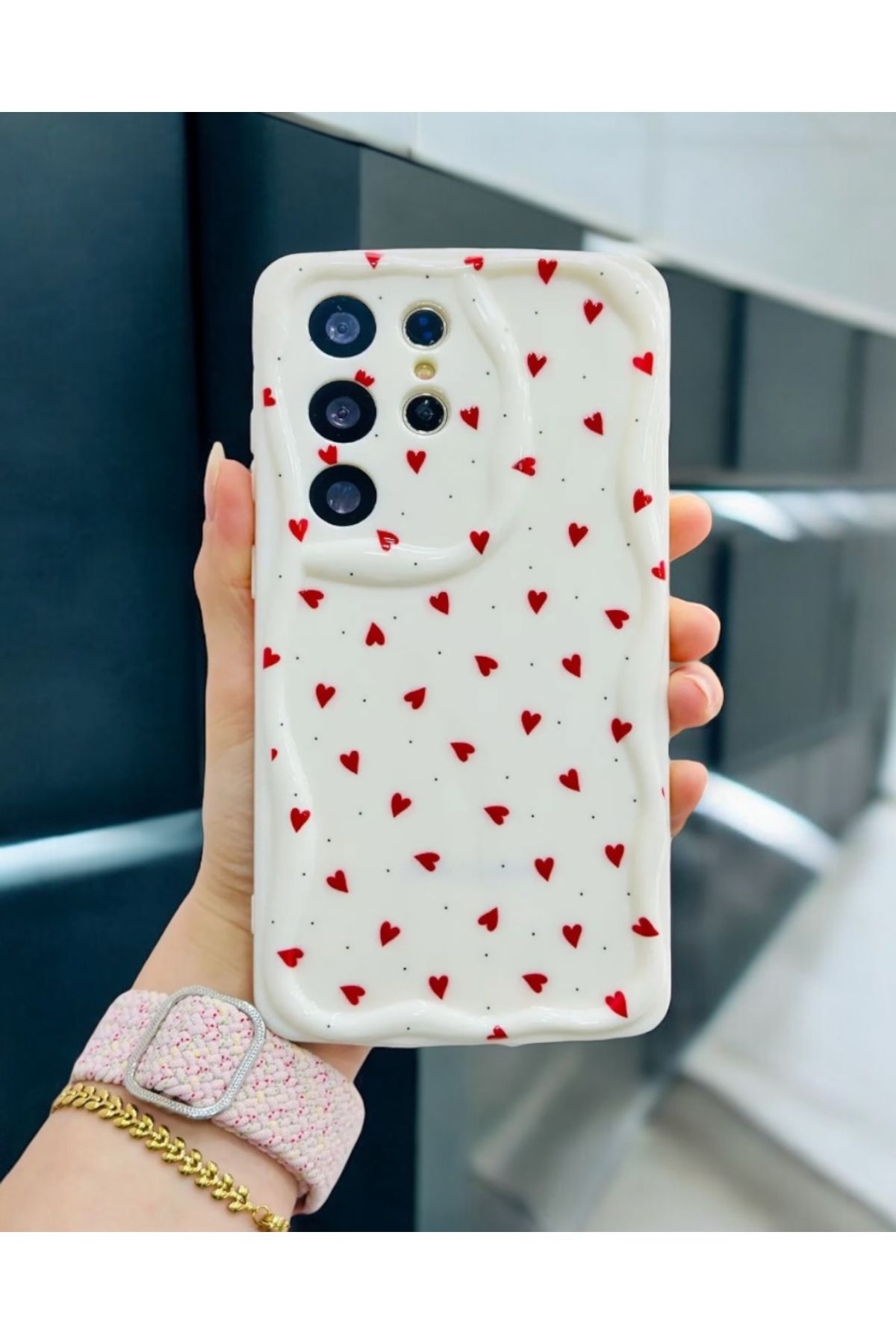 KILIF HOUSE Samsung Galaxy S25 Ultra Uyumlu Dalgalı Kırmızı Kalpler Desenli Kılıf