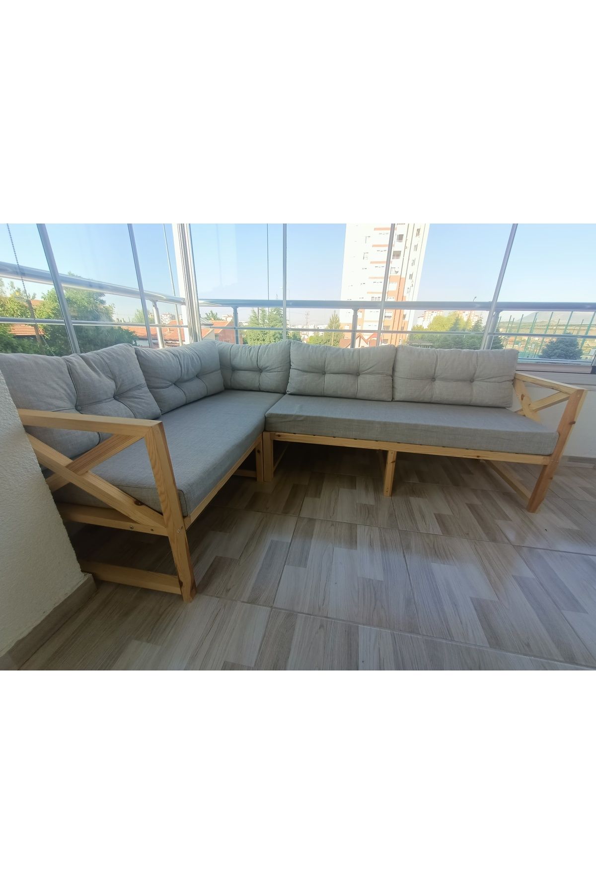 SERAHŞAP Ahşap Köşe Takımı Modern Balkon ve Bahçe L Koltuk