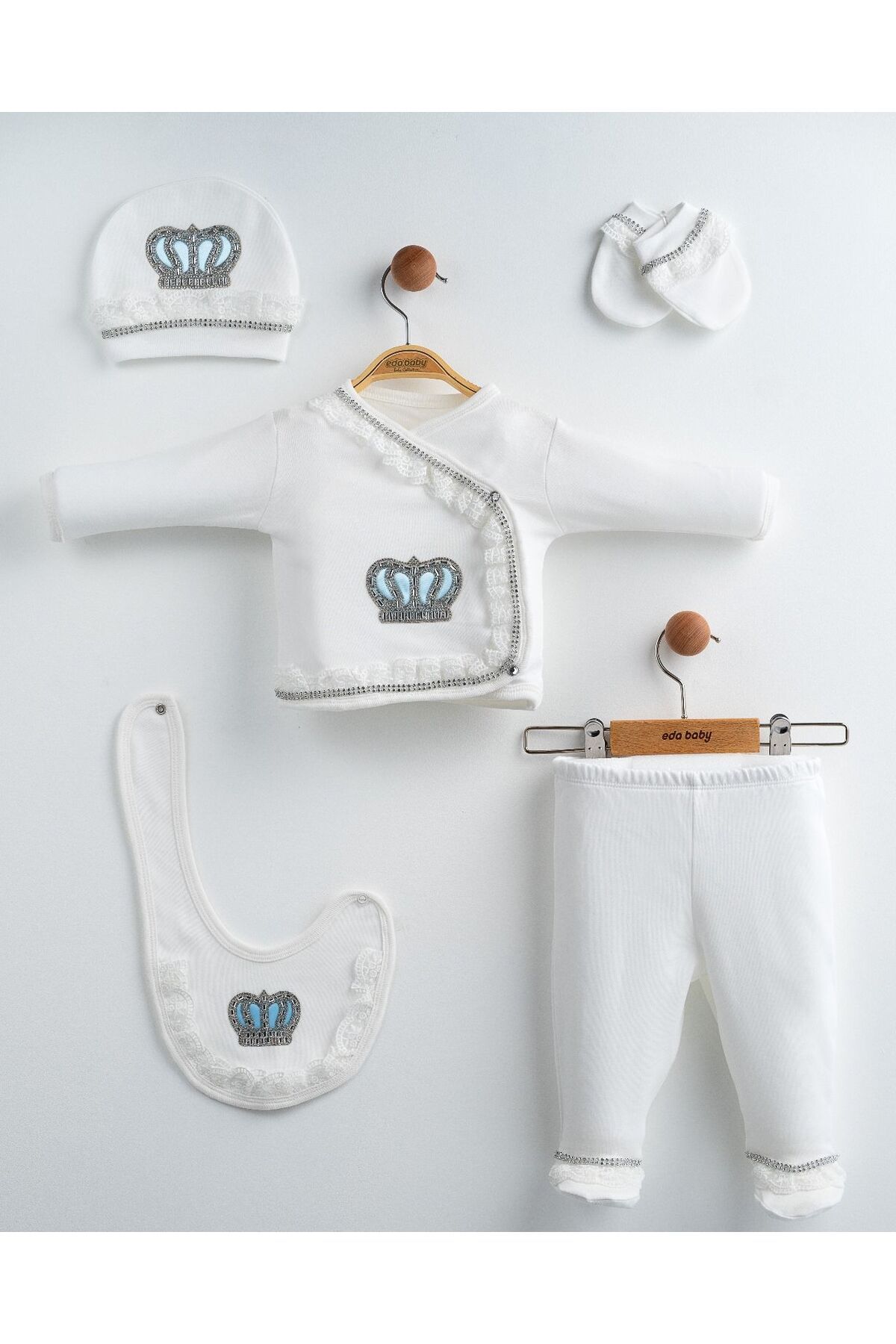 yuga kids Taç İşlemeli 5 Parça Hastane Çıkışı Yenidoğan Set