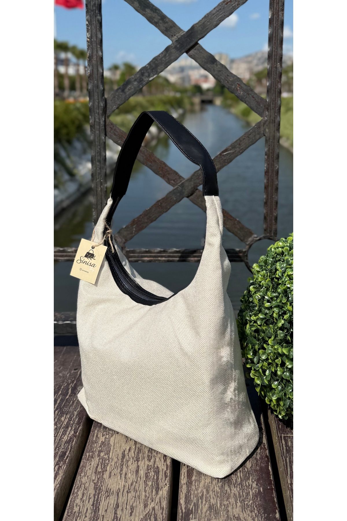 SİNİSA BAG Kadın Deri Detaylı Keten Yazlık Omuz Çantası