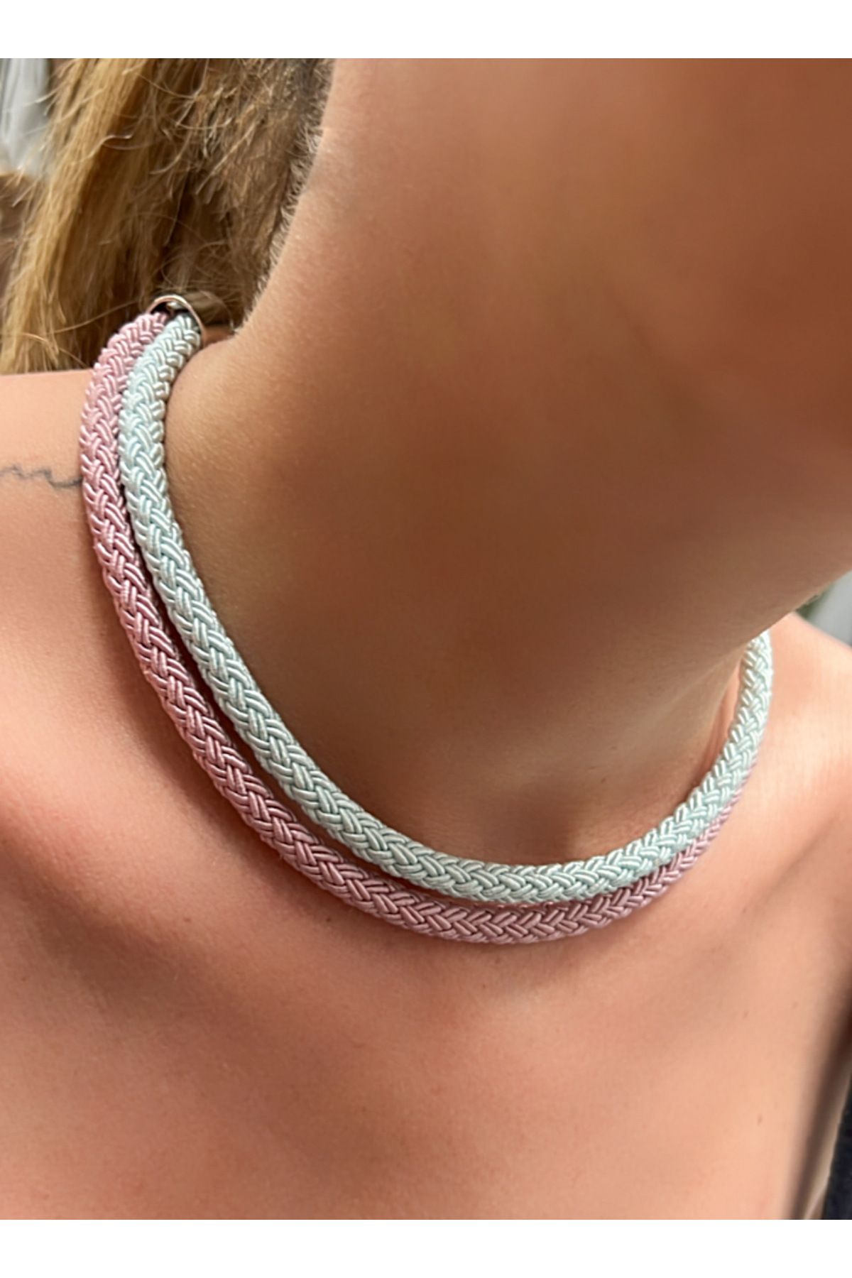 Kutcha Accessories Çift Renkli Kadın Choker Kolye – Örgü Detaylı El Yapımı Boho Tasarım (Renk Seçenekli)