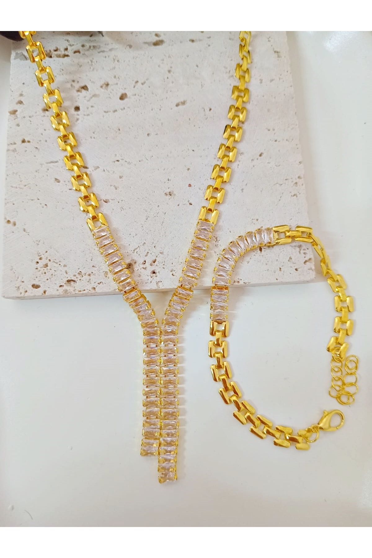mos&more Gold Baget Taşlı Zarif Kolye Ve Bileklik Seti