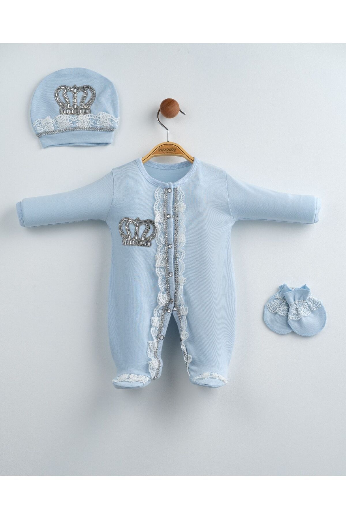 yuga kids Taç İşlemeli 3 Parça Hastane Çıkışı Yenidoğan Tulum Set