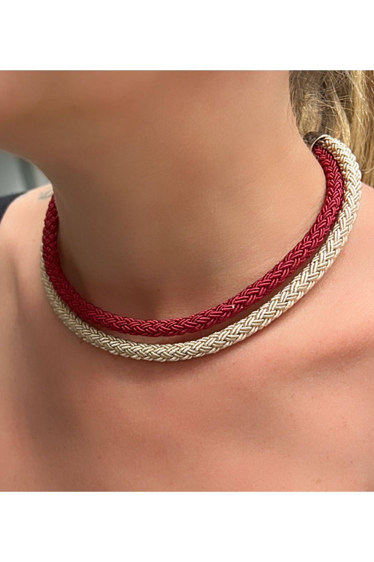 Kutcha Accessories Çift Renkli Kadın Choker Kolye – Örgü Detaylı El Yapımı Boho Tasarım (Renk Seçenekli)