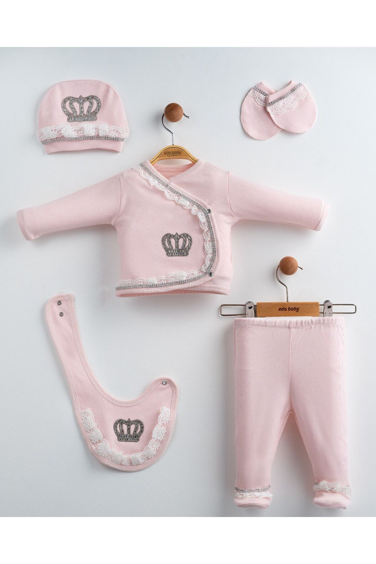 yuga kids Taç İşlemeli 5 Parça Hastane Çıkışı Yenidoğan Set