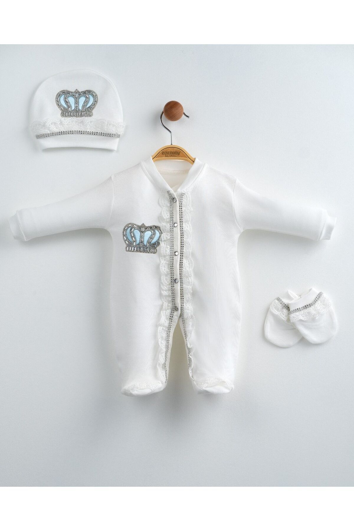 yuga kids Taç İşlemeli 3 Parça Hastane Çıkışı Yenidoğan Tulum Set