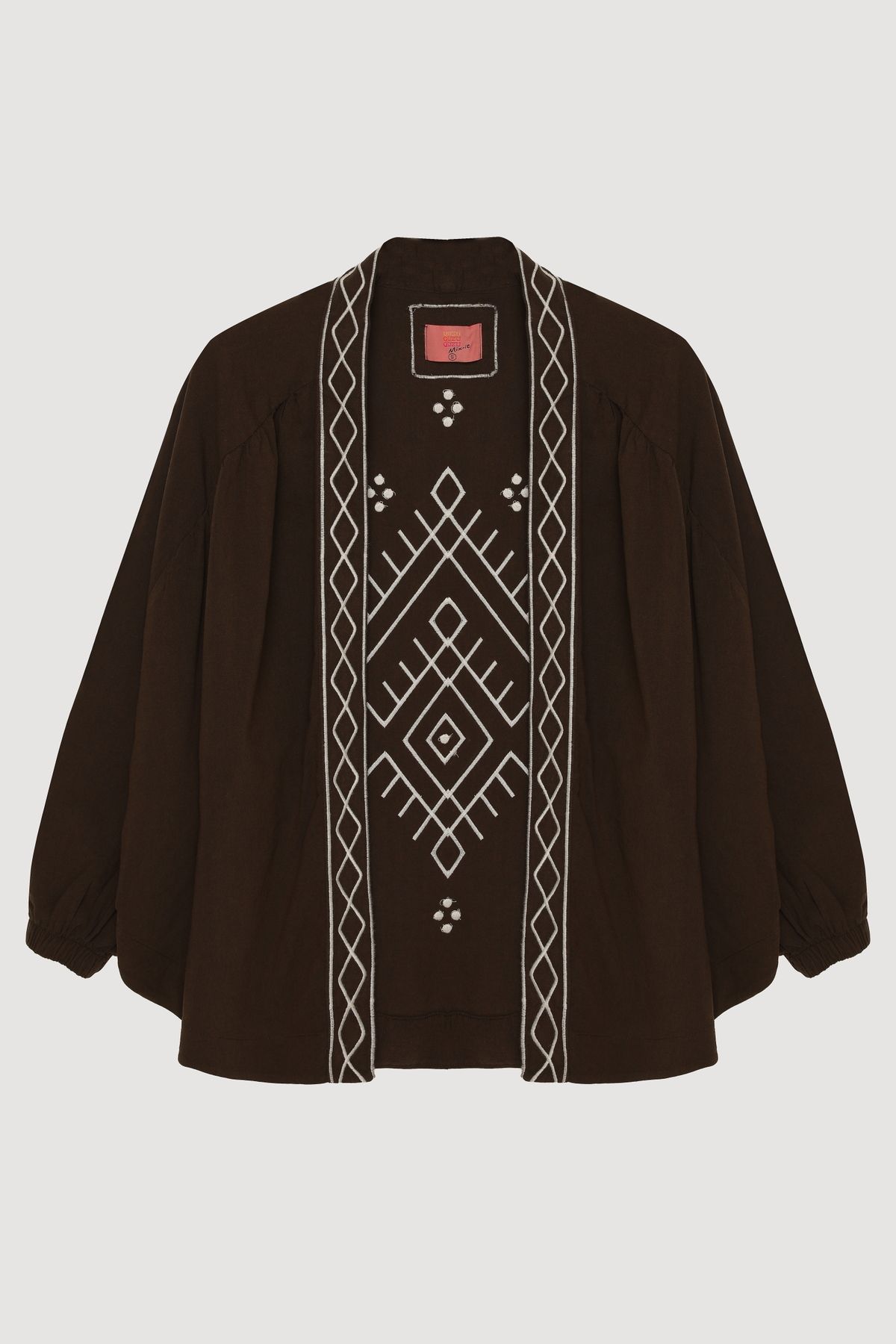 Quzu Etnik Desenli Şerit Nakışlı Kısa Keten Kimono Koyu Kahve