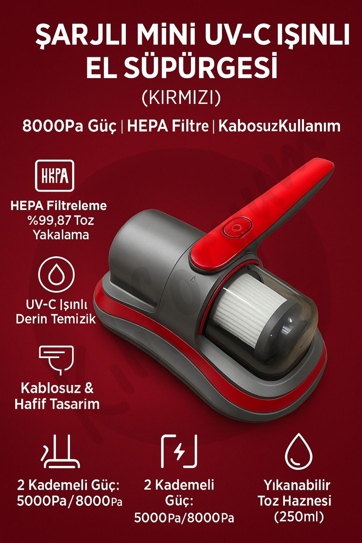 Kılıforyum El Süpürgesi Şarjlı Mini UV-C Işınlı – HEPA Filtreli, Kablosuz, 8000Pa Güç Yeni Nesil