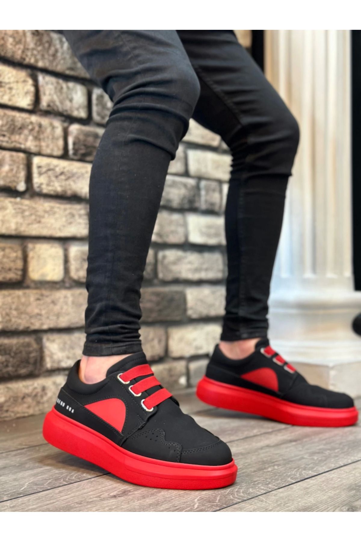aradimtaradim BA0302 Boa Kalın Taban Bağcıksız Tarz Casual Siyah Kırmızı Erkek Ayakkabı