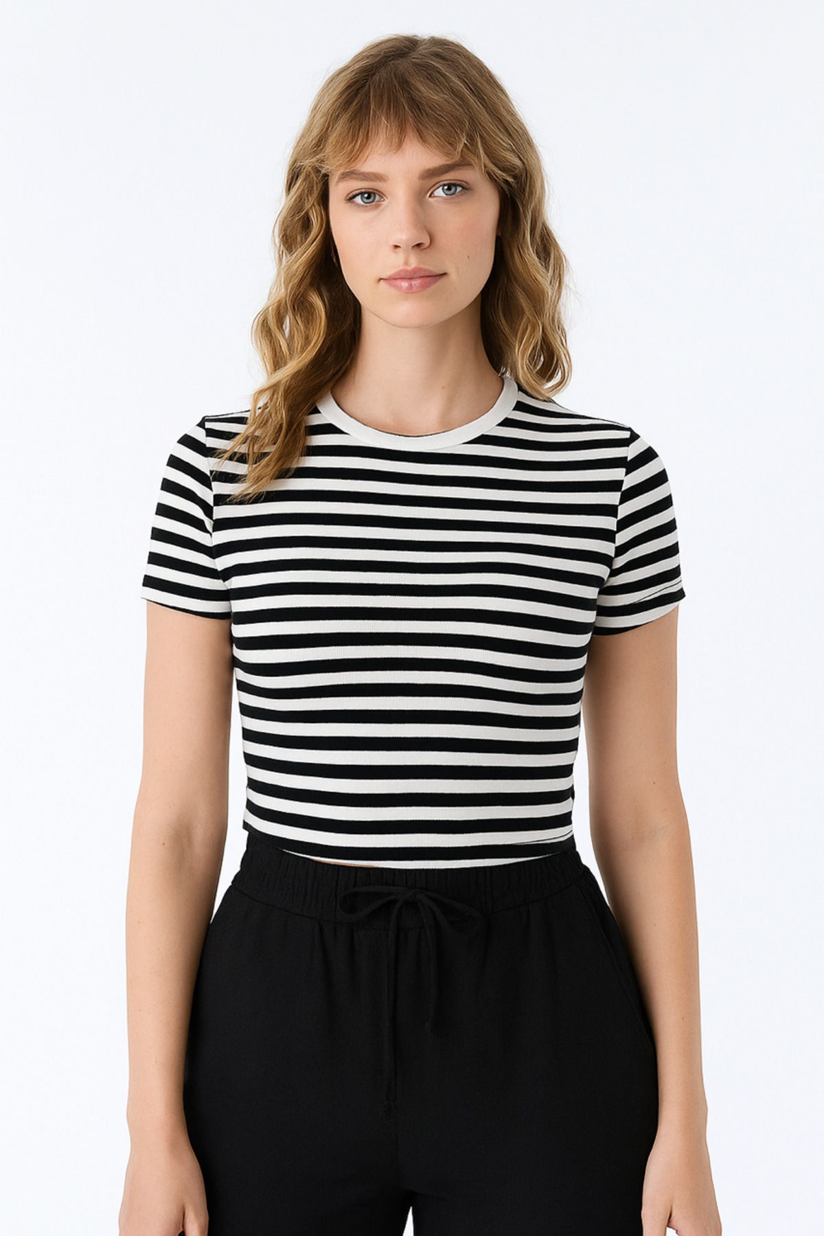 GİZAL Çizgili Basic Crop Tshirt