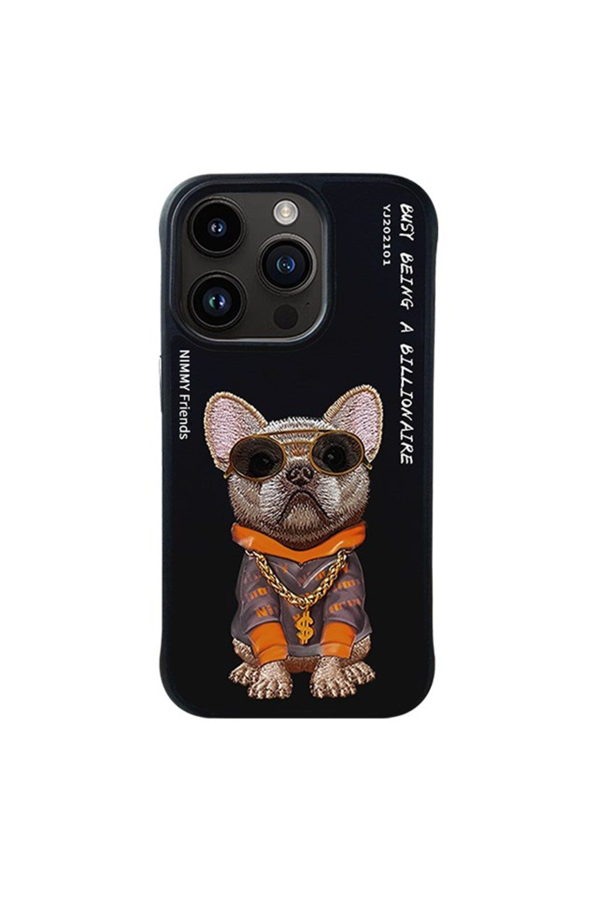 Nimmy iPhone 15 Pro Max Uyumlu 3D Gözlük Zincir Köpek Detaylı Nakış İşlemeli Kabartmalı Cool Glasses Kılıf