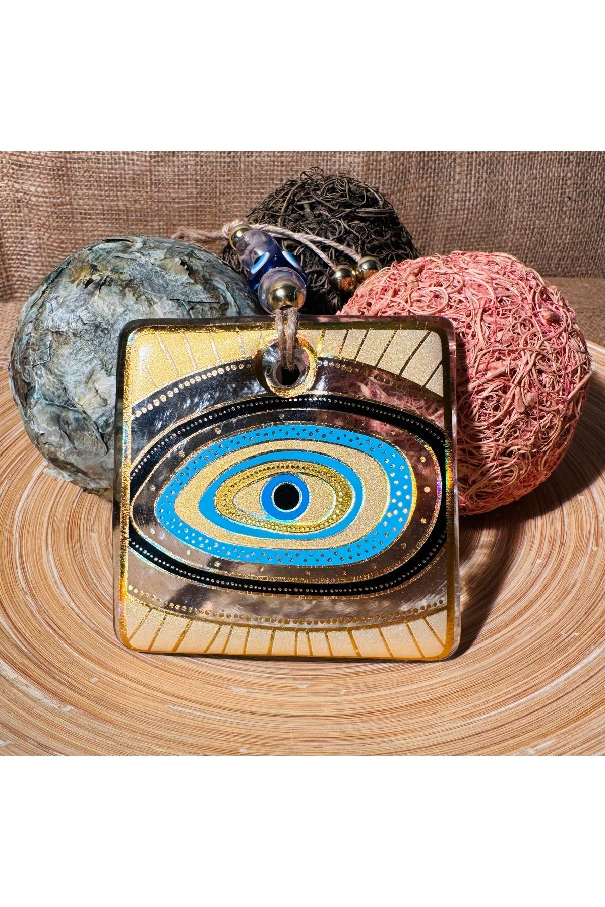 FİDE GLOBAL El Yapımı Hediyelik Dekoratif Nazar Boncuğu, Yaldızlı ve İpli, Şeffaf 10 cm Duvar Süsü, Cam Nazarlık