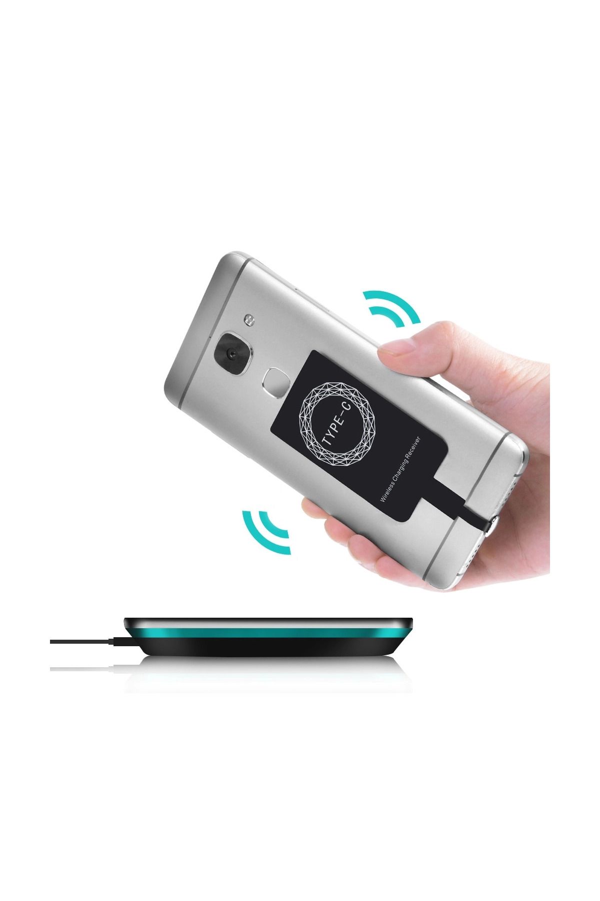 EMESZON-Încărcător wireless pentru telefon, EMESZON®, receptor wireless 5V 1A, QI1A, compatibil cu USB tip C, negru 3