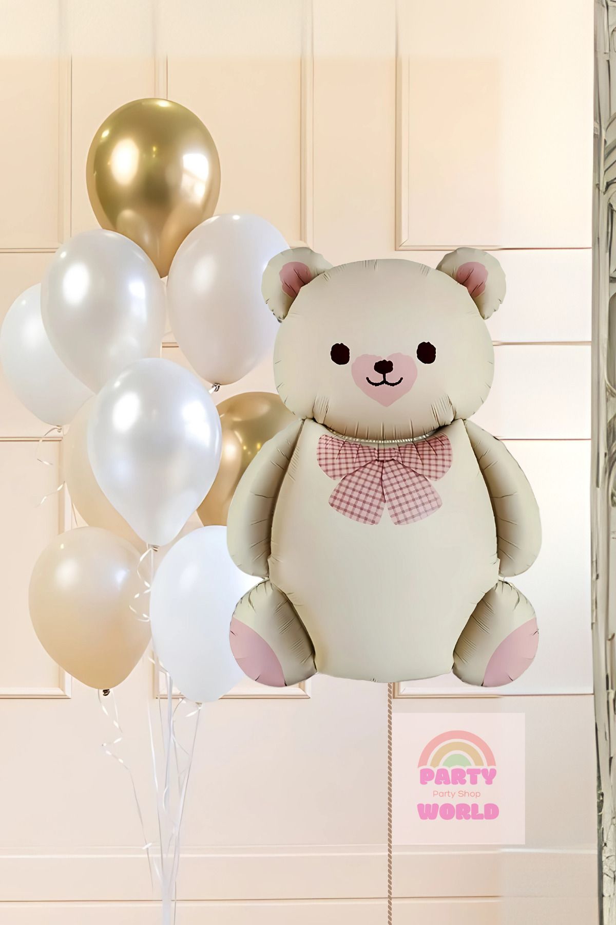 party world Krem Pembe Ayıcık Folyo Balon & 10’lu Uyumlu Renklerde Lateks Balon Seti