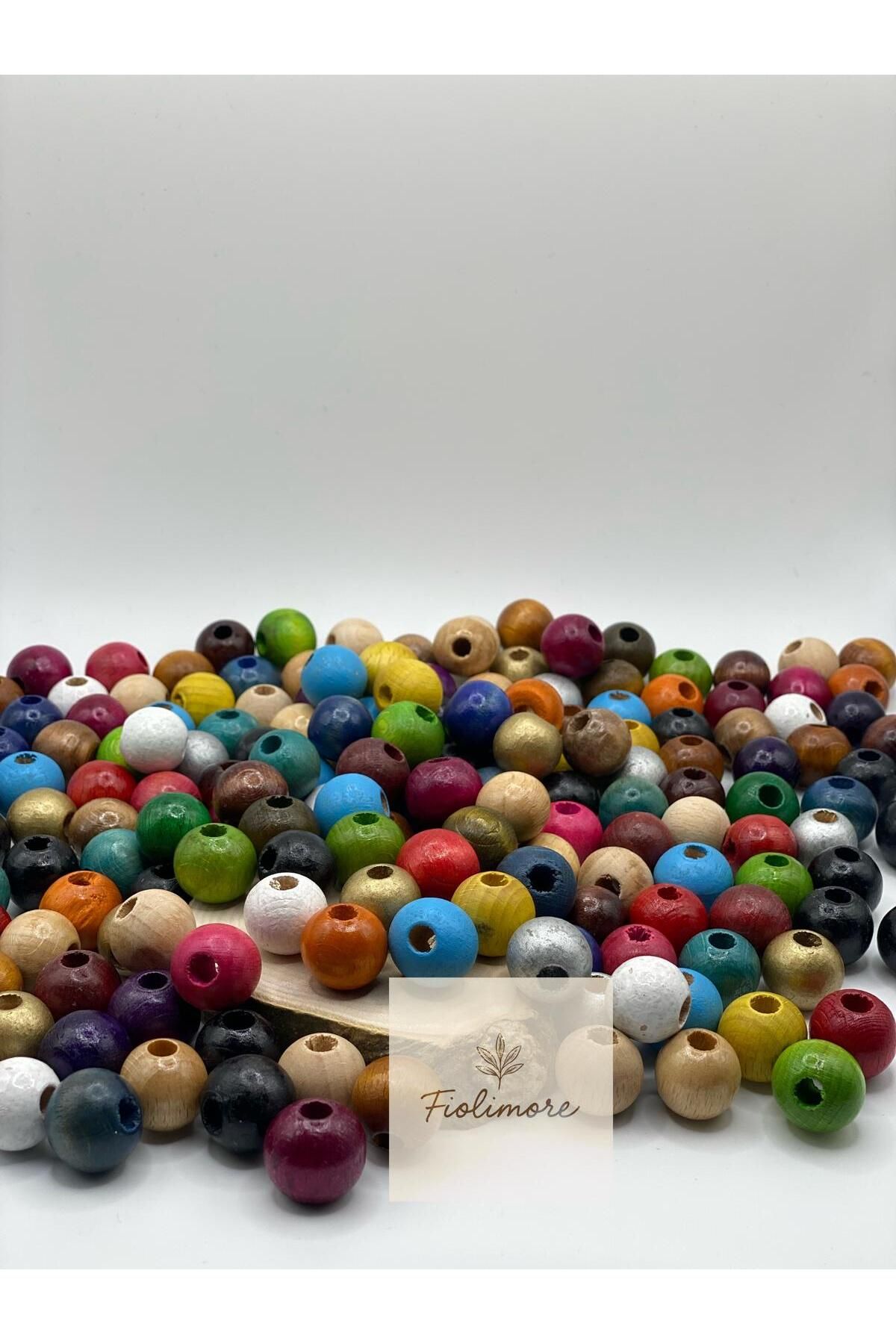 Fiolimore 16 mm Karışık Renkli Ahşap Boncuk (50 Gram 35 Adet) Dar Delik Çapı 5 mm Yuvarlak Makrome Tahta