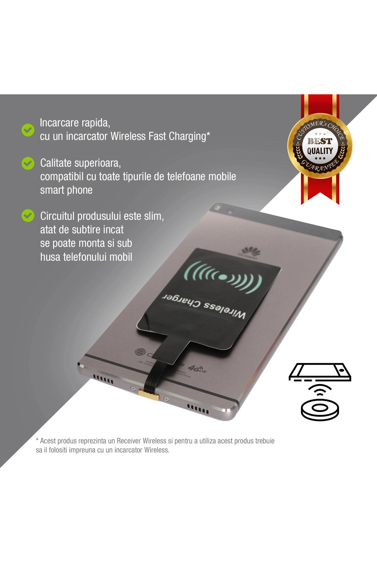 EMESZON-Încărcător wireless pentru telefon, EMESZON®, receptor wireless 5V 1A, QI1A, compatibil cu USB tip C, negru 5