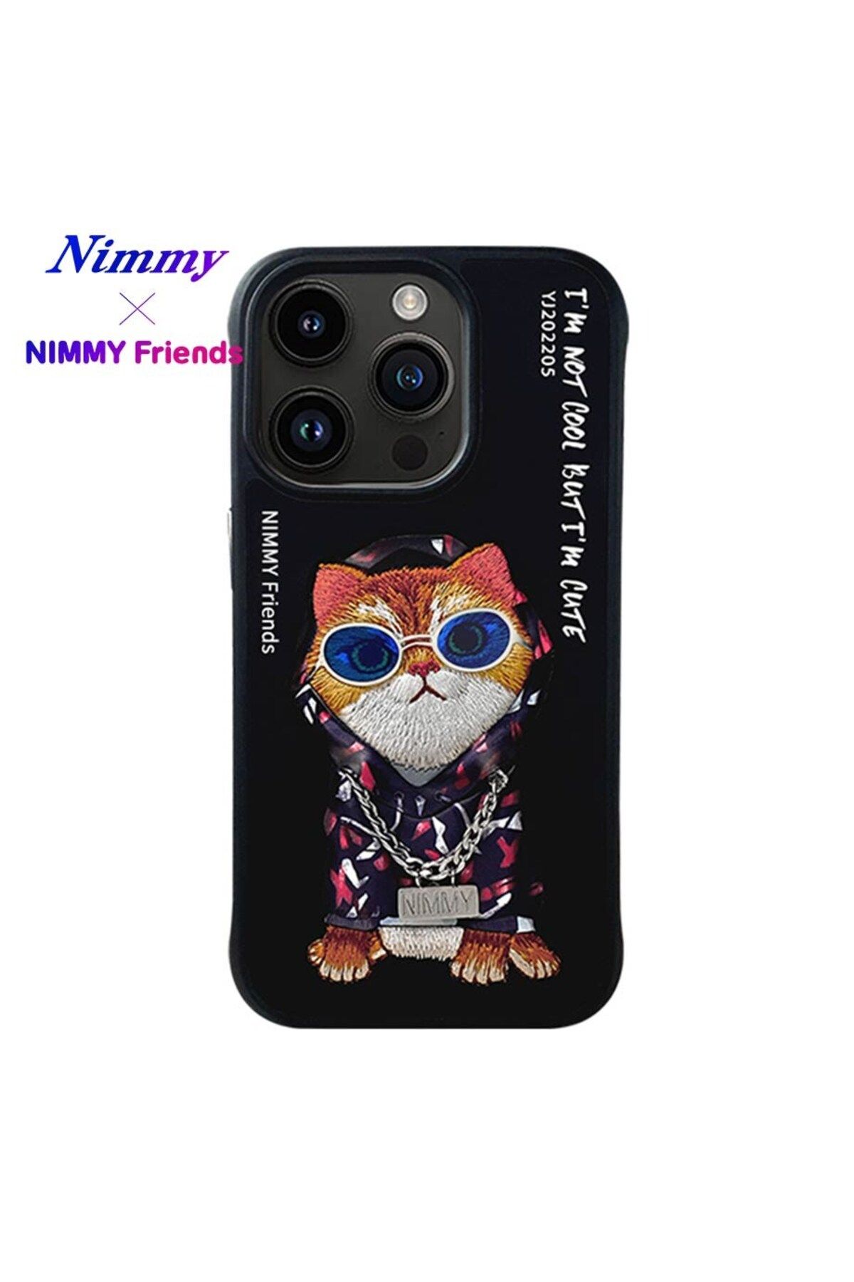 Nimmy iPhone 15 Pro Max Uyumlu 3D Gözlük Zincir Hipster Kedi Nakış İşlemeli Kabartmalı Cool Glasses Kılıf