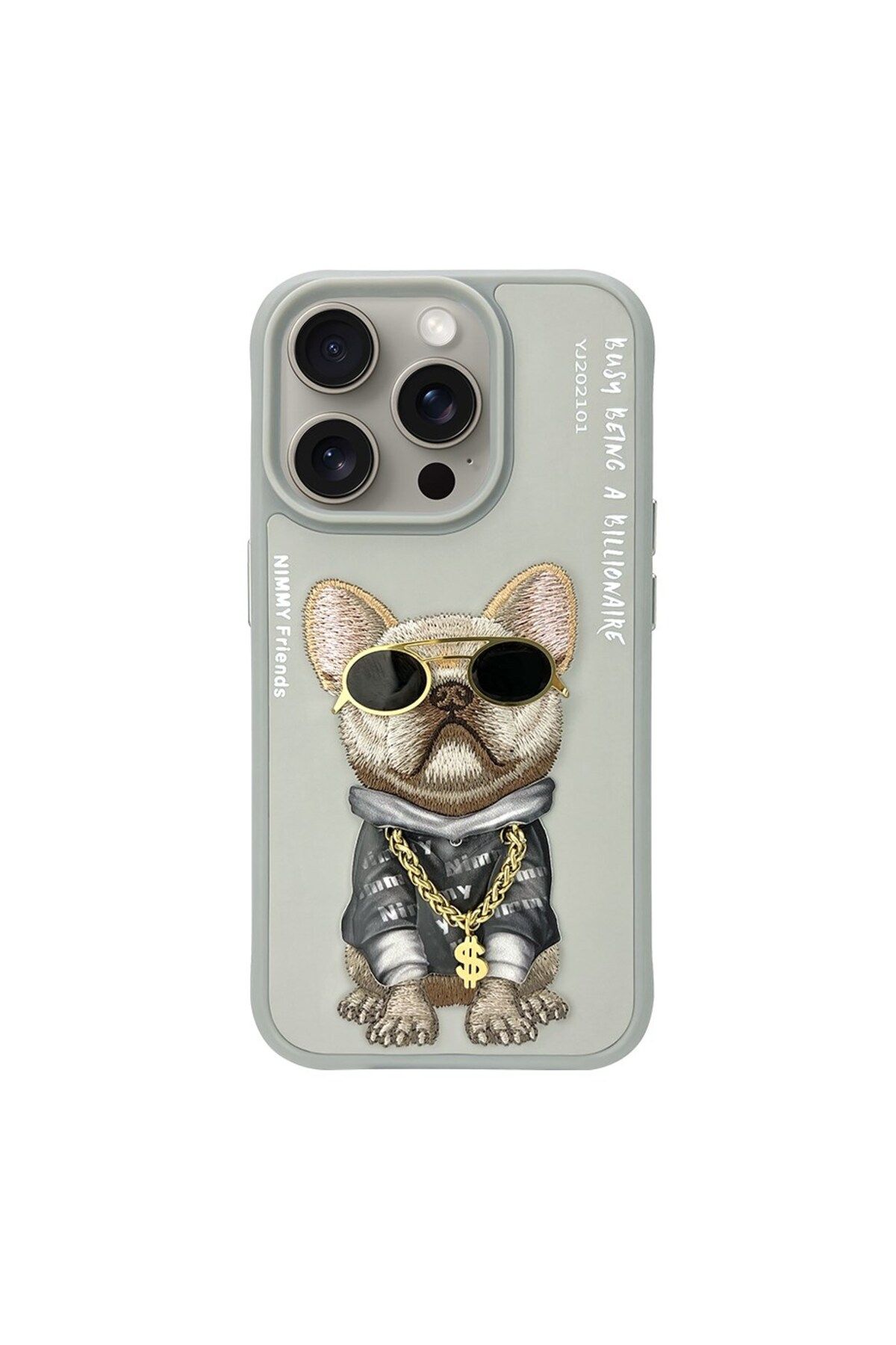 Nimmy iPhone 15 Pro Uyumlu 3D Gözlük Dolar Zincir Köpek Nakış İşlemeli Kabartmalı Cool Glasses Kılıf
